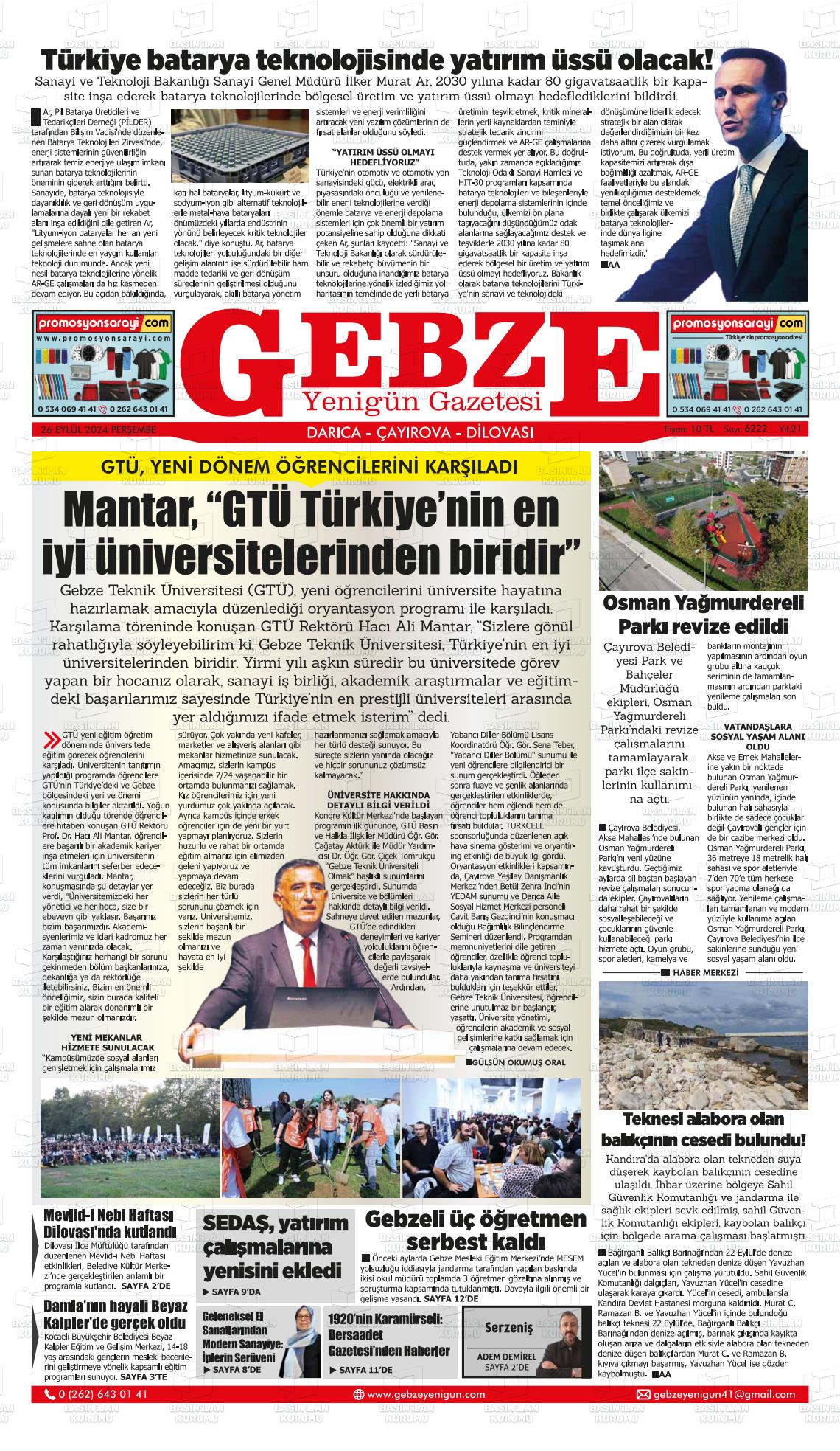 26 Eylül 2024 Gebze Yenigün Gazete Manşeti