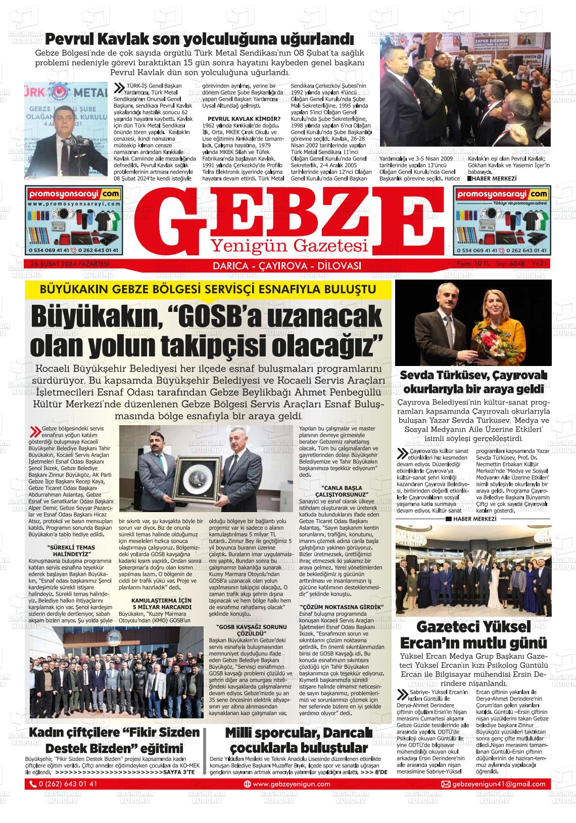 26 Şubat 2024 Gebze Yenigün Gazete Manşeti