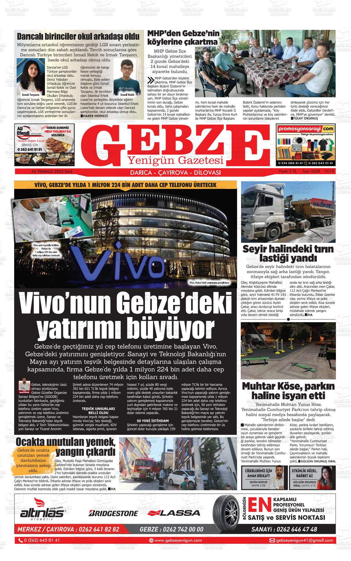 26 Temmuz 2022 Gebze Yenigün Gazete Manşeti