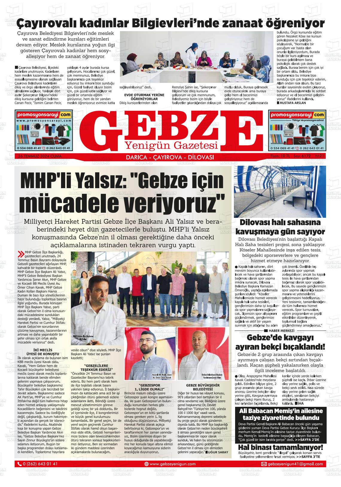27 Temmuz 2024 Gebze Yenigün Gazete Manşeti