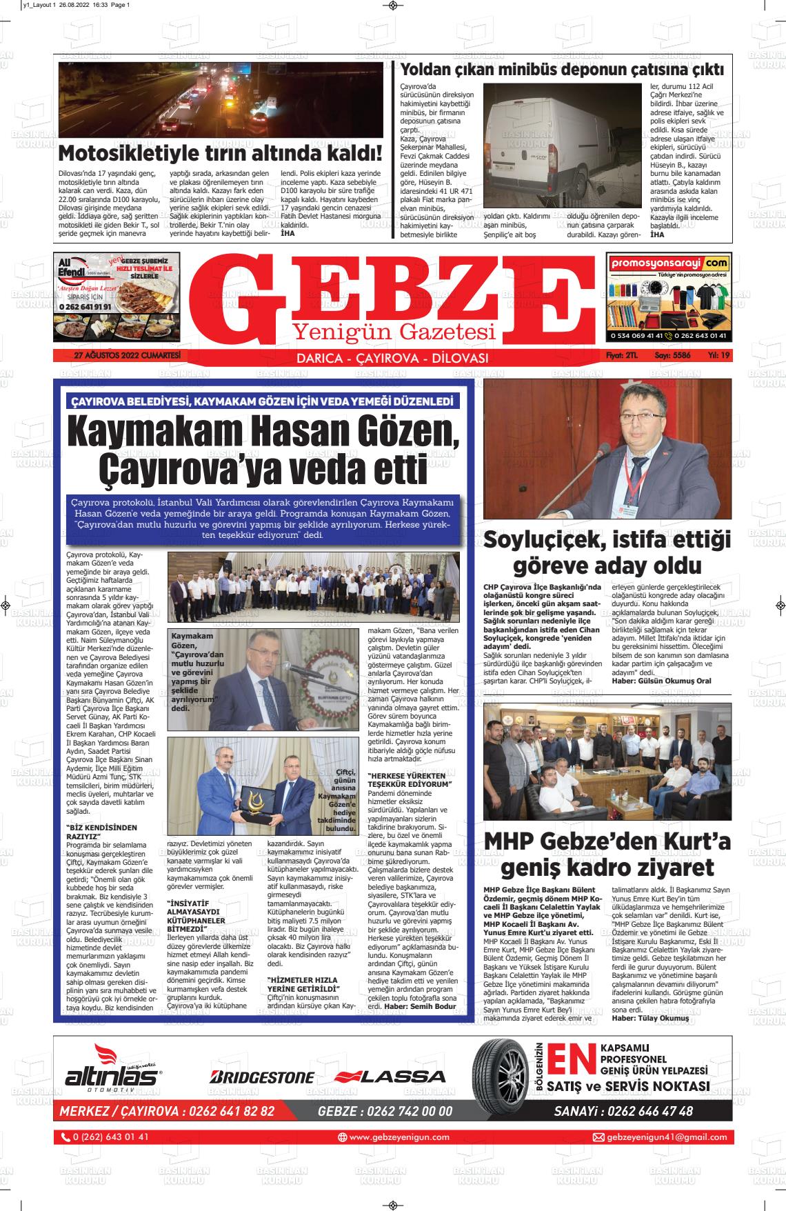 27 Ağustos 2022 Gebze Yenigün Gazete Manşeti