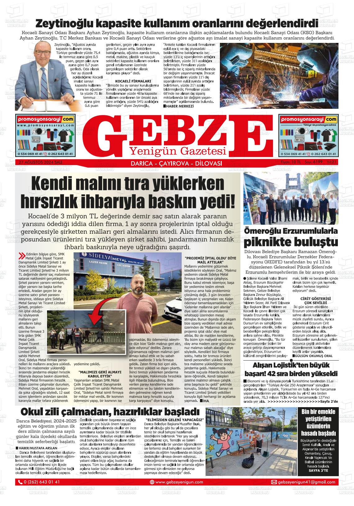 27 Ağustos 2024 Gebze Yenigün Gazete Manşeti