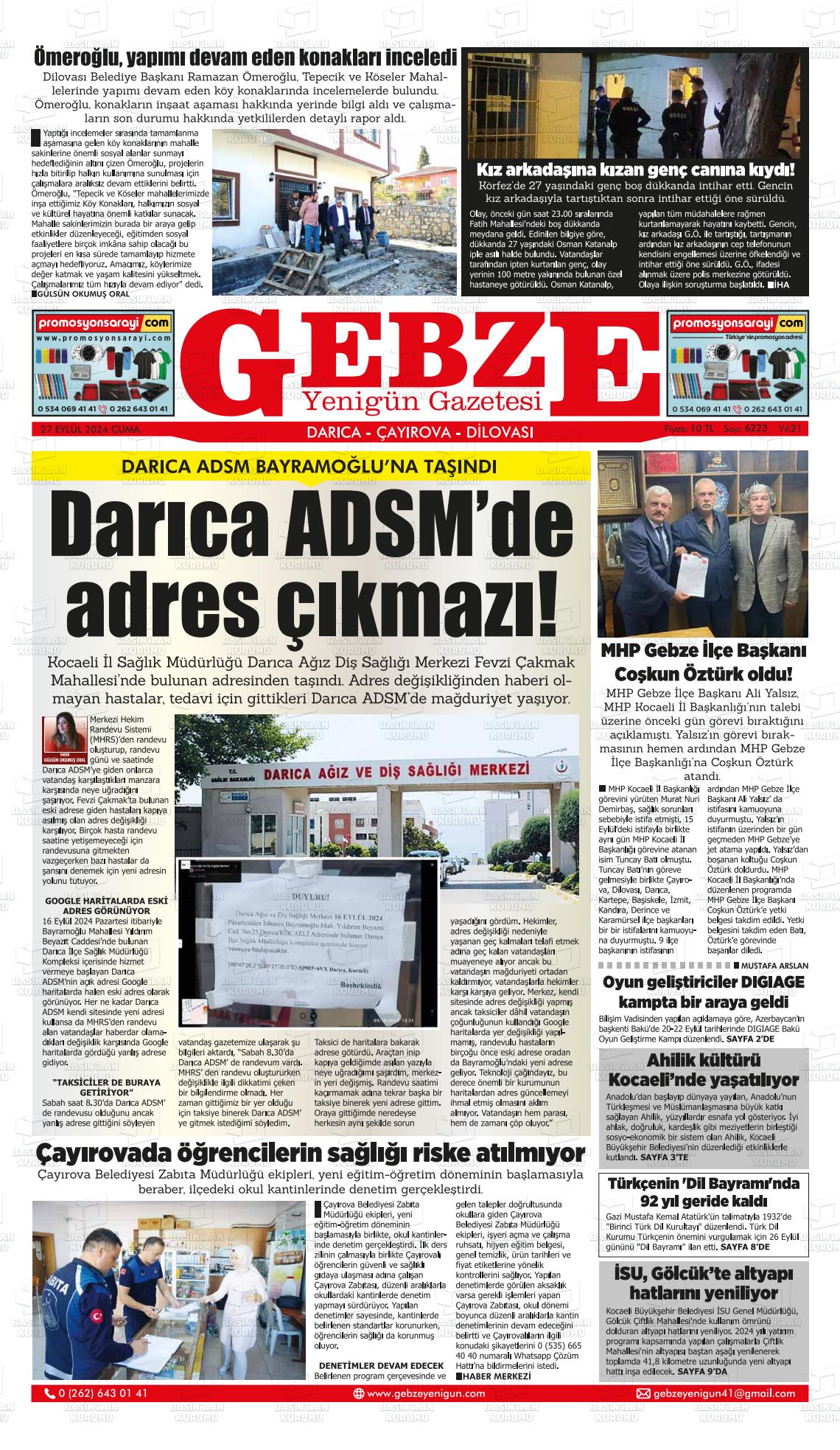 27 Eylül 2024 Gebze Yenigün Gazete Manşeti