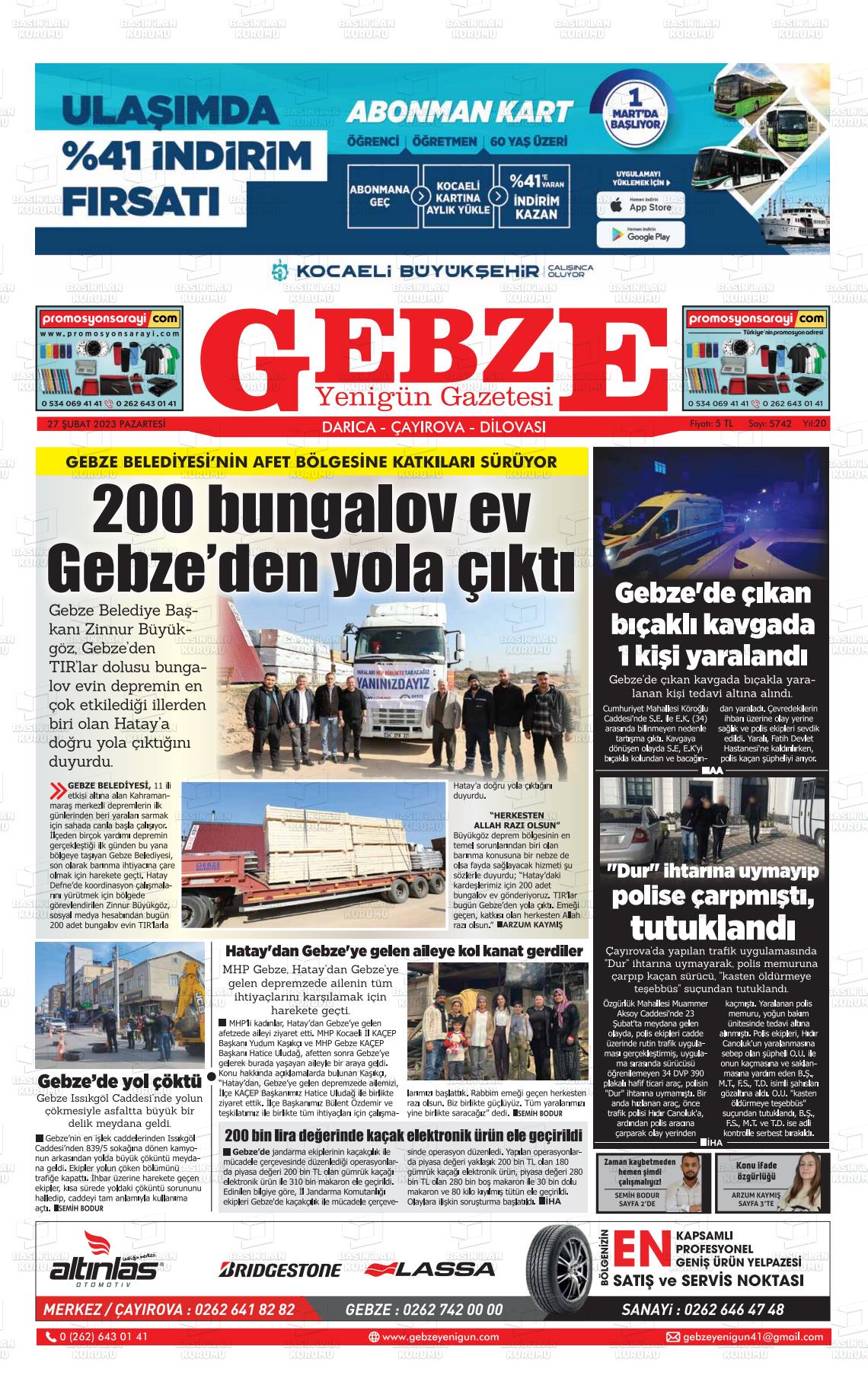 27 Nisan 2023 Gebze Yenigün Gazete Manşeti