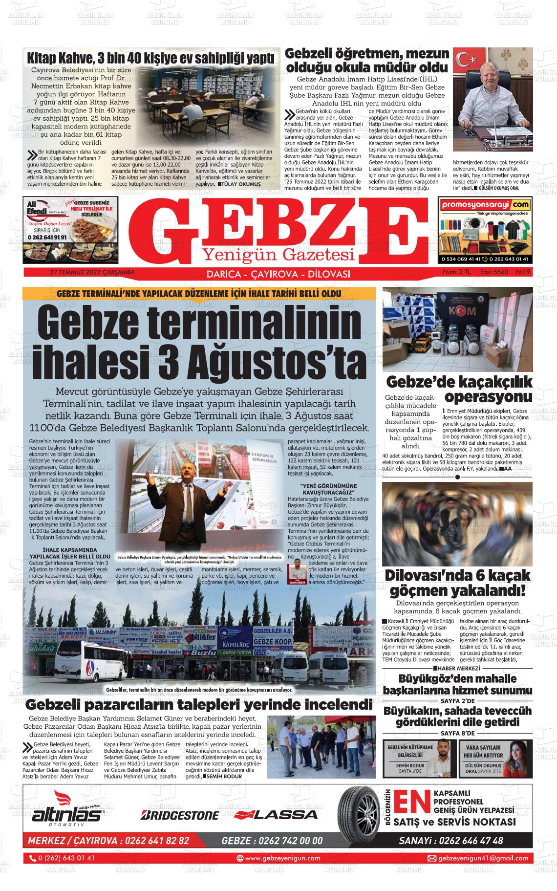 27 Temmuz 2022 Gebze Yenigün Gazete Manşeti