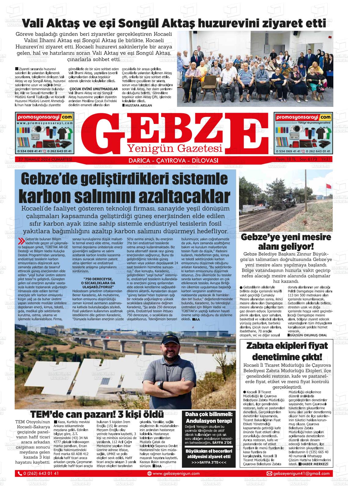 27 Temmuz 2024 Gebze Yenigün Gazete Manşeti