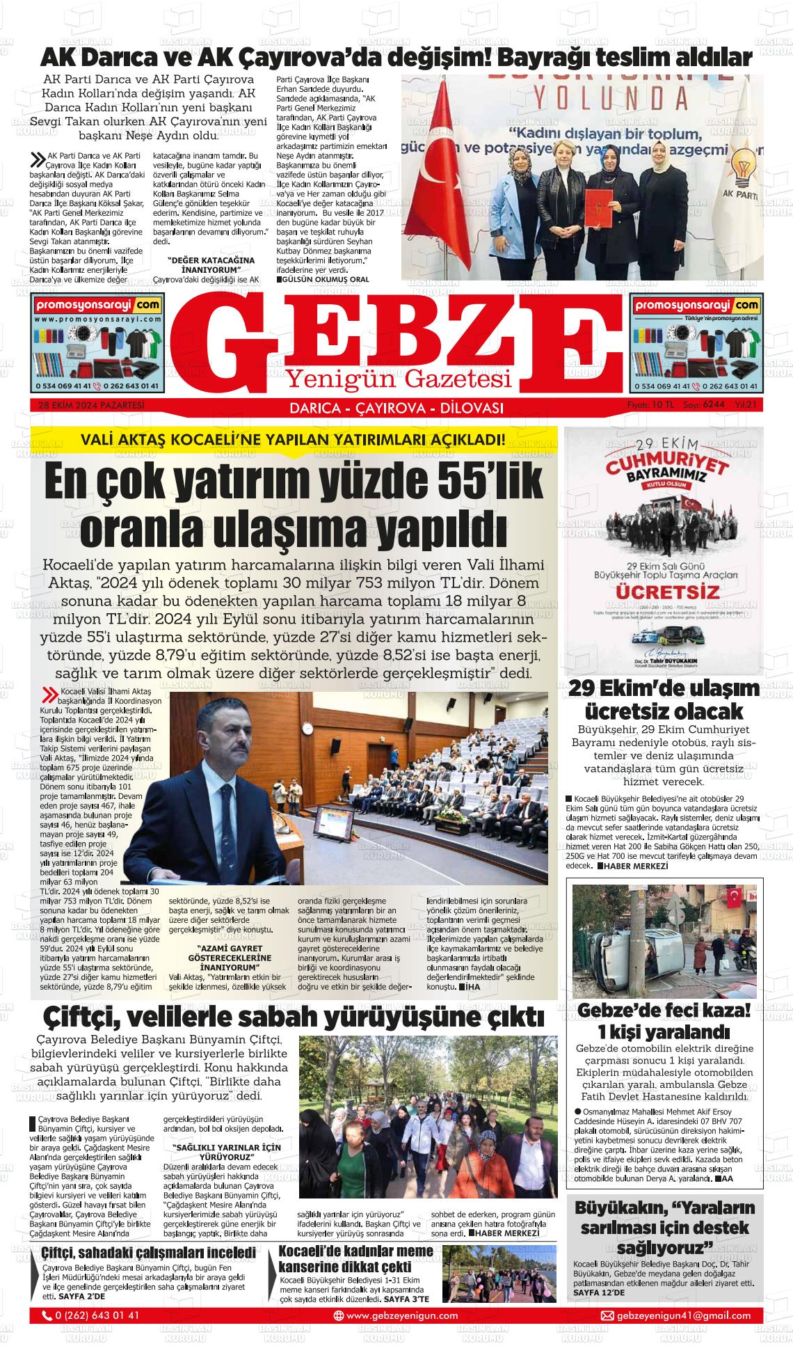 28 Ekim 2024 Gebze Yenigün Gazete Manşeti