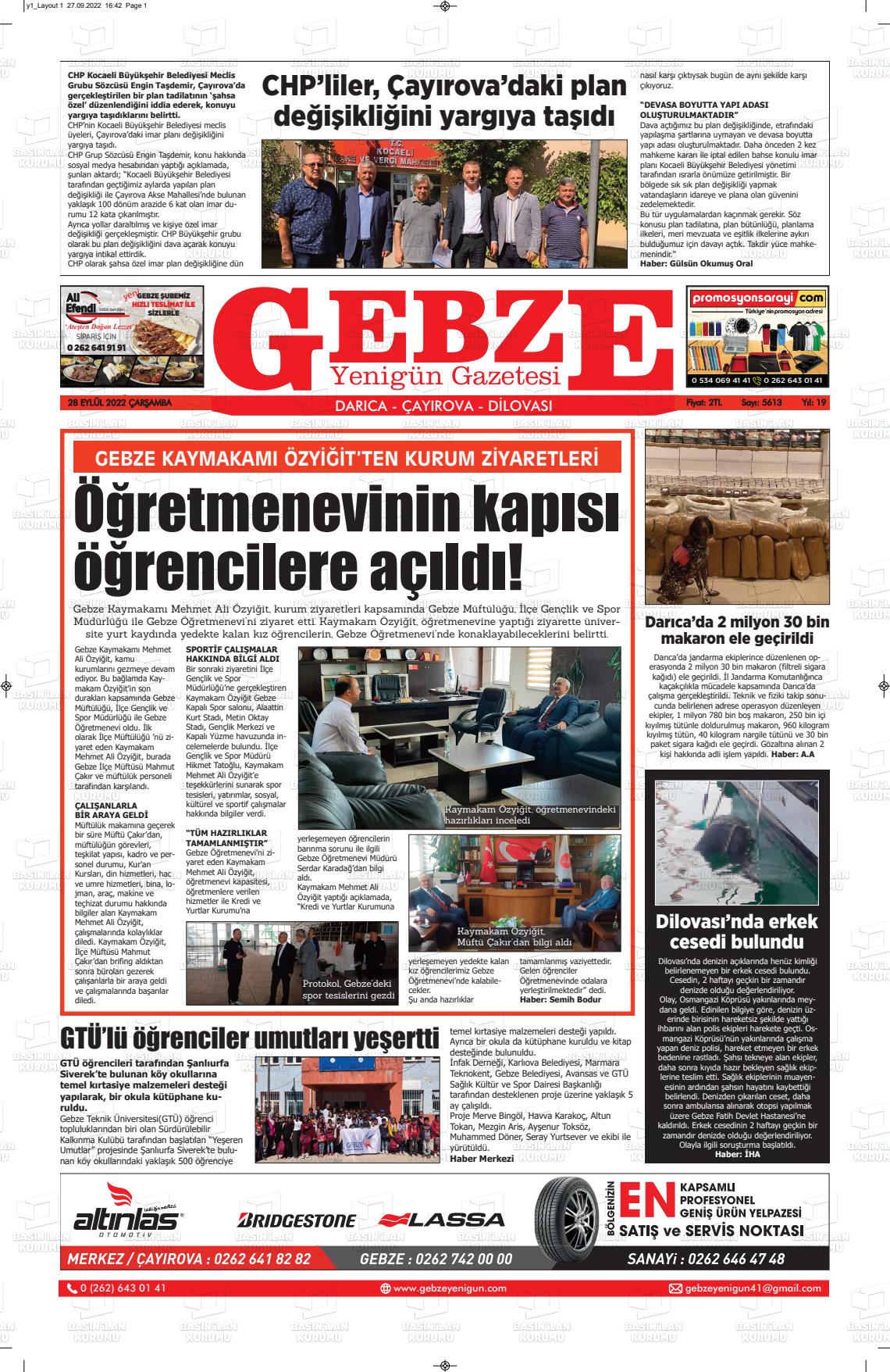 28 Eylül 2022 Gebze Yenigün Gazete Manşeti