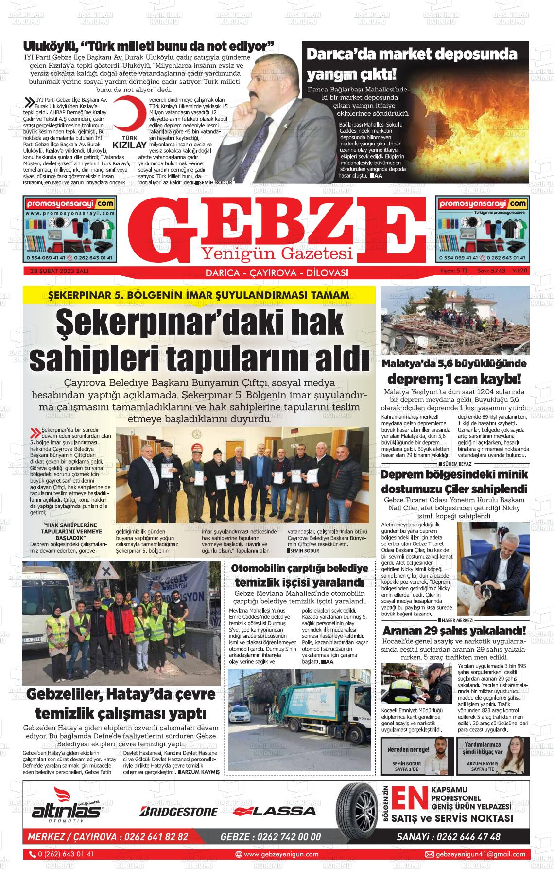 28 Nisan 2023 Gebze Yenigün Gazete Manşeti