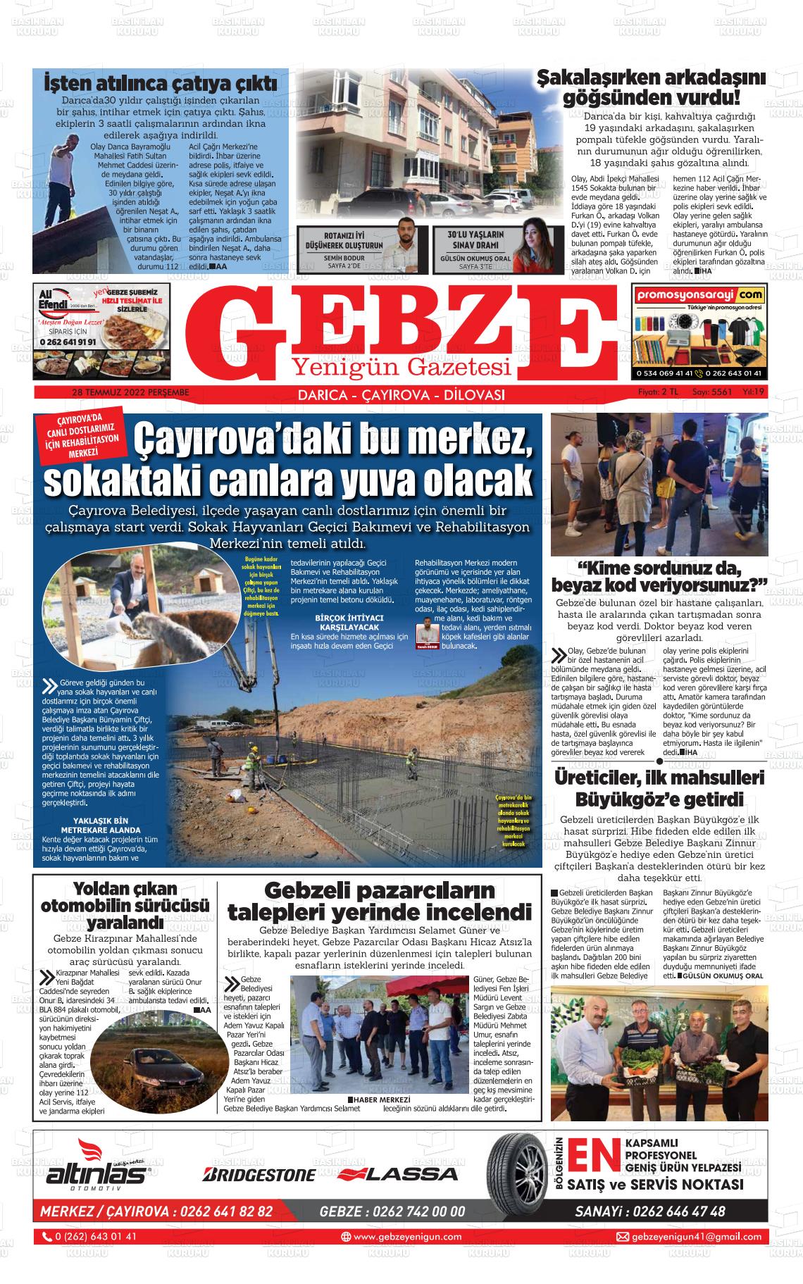 28 Temmuz 2022 Gebze Yenigün Gazete Manşeti