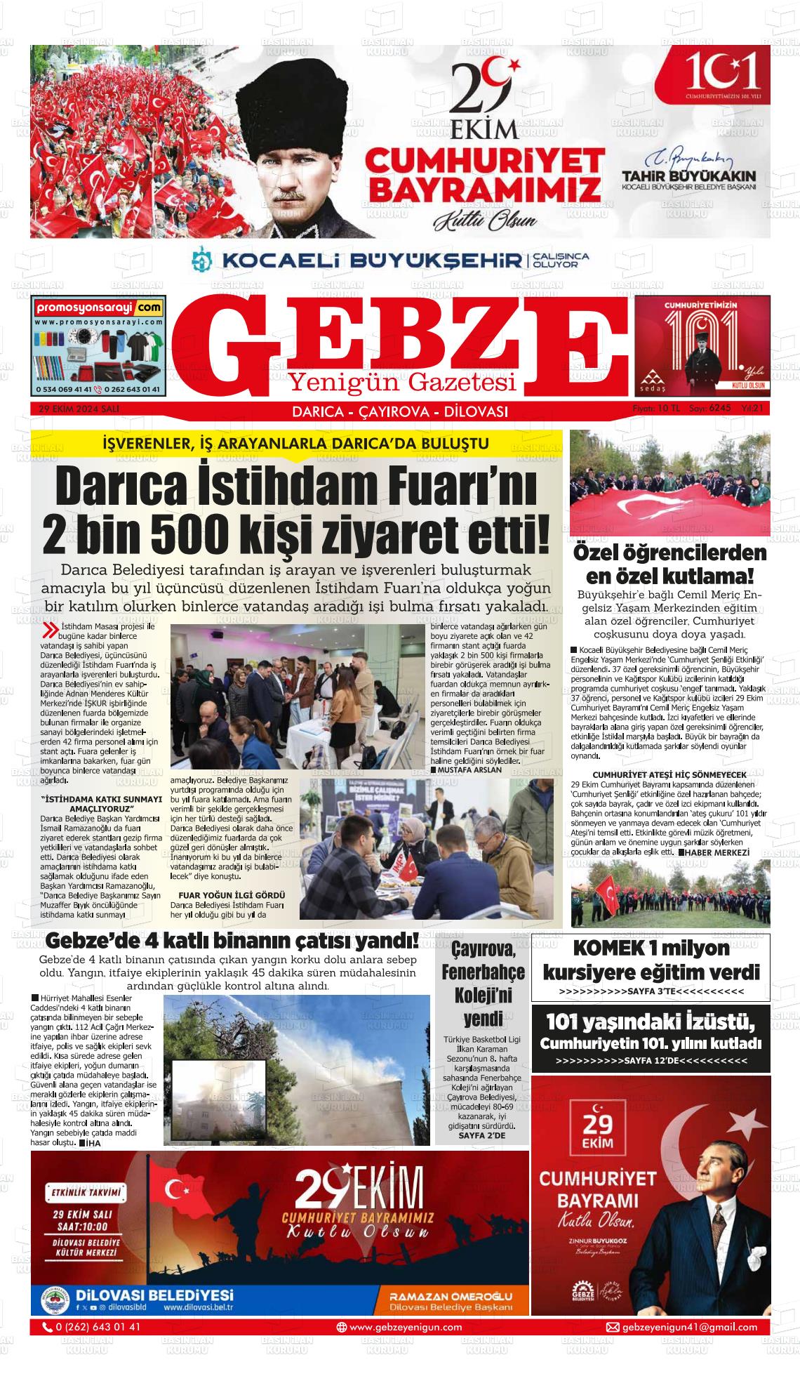 29 Ekim 2024 Gebze Yenigün Gazete Manşeti