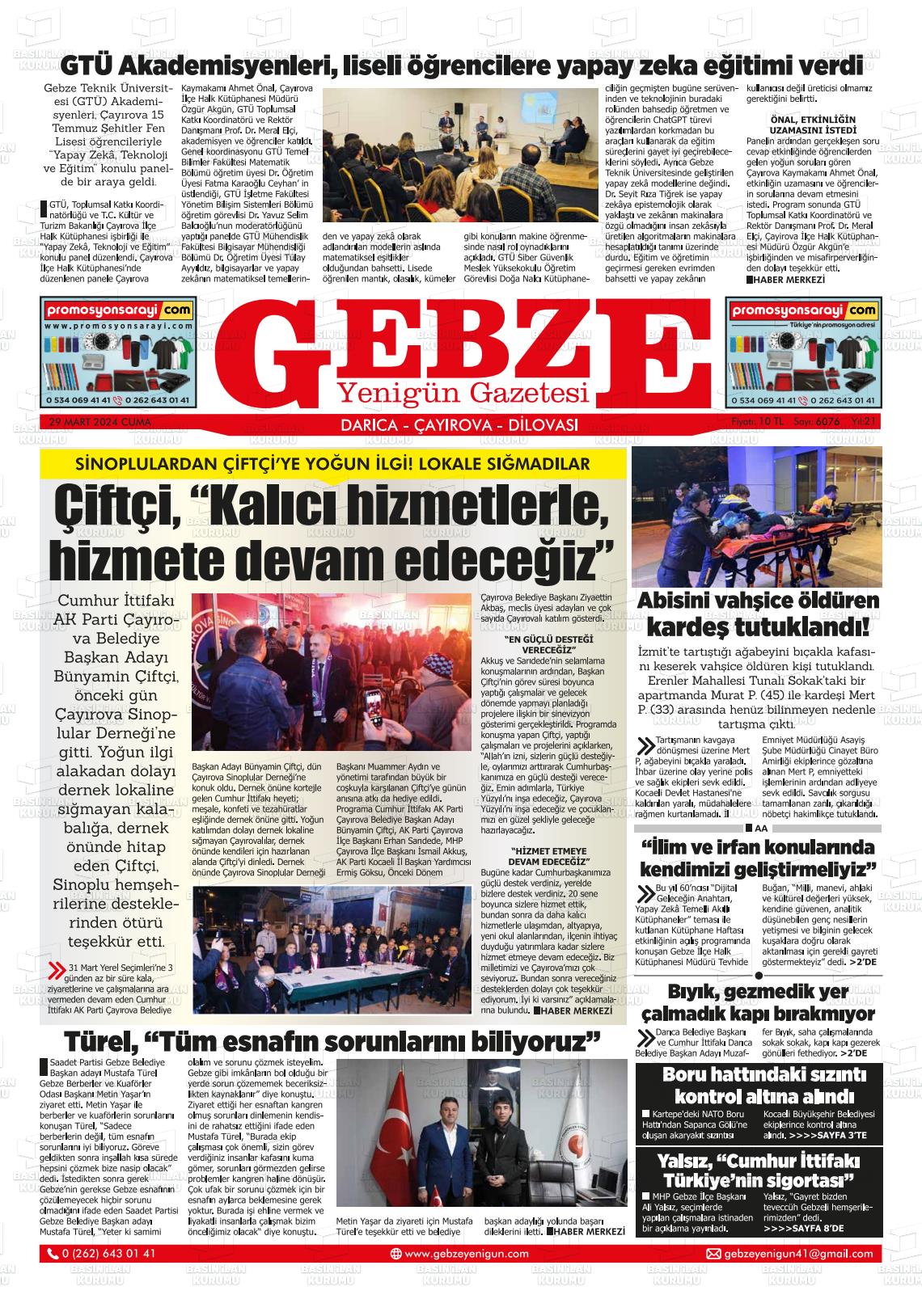 29 Mart 2024 Gebze Yenigün Gazete Manşeti