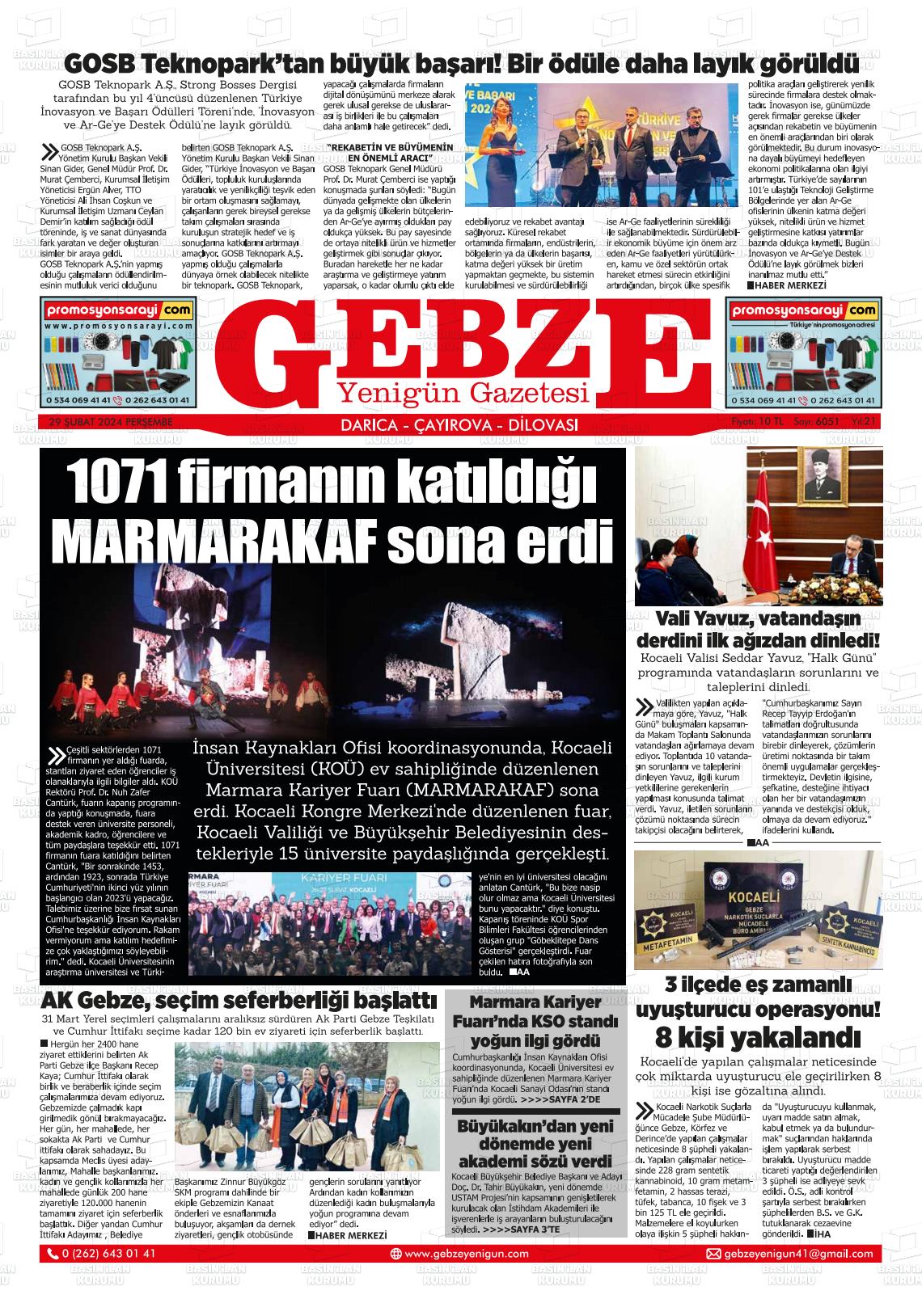 29 Şubat 2024 Gebze Yenigün Gazete Manşeti