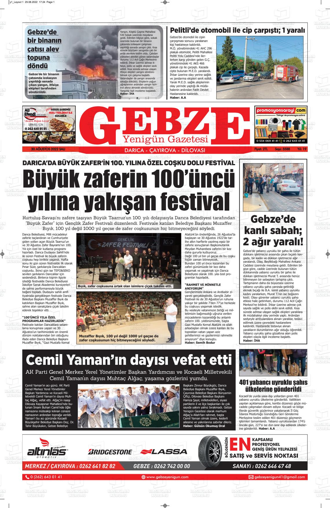 30 Ağustos 2022 Gebze Yenigün Gazete Manşeti