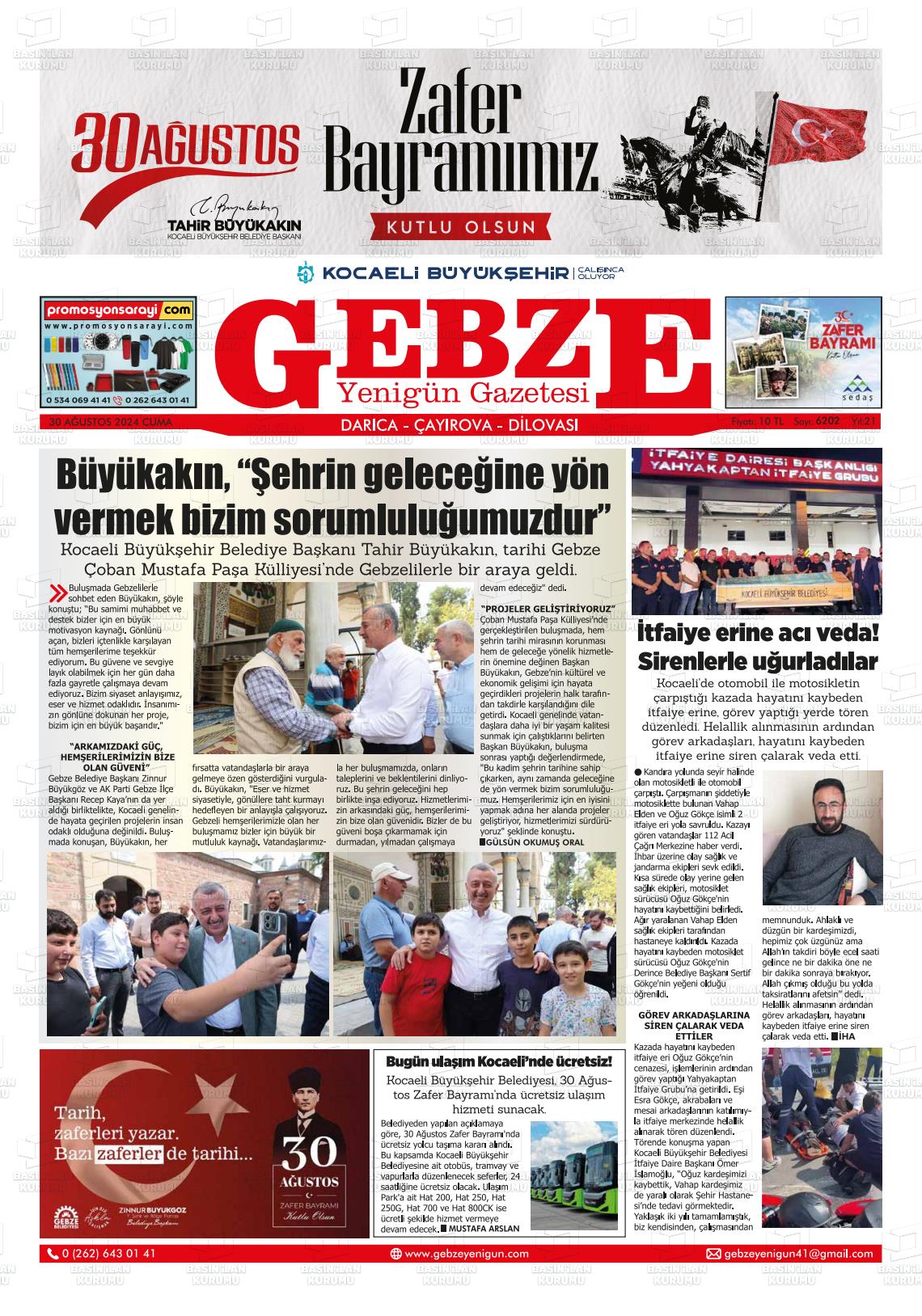 30 Ağustos 2024 Gebze Yenigün Gazete Manşeti