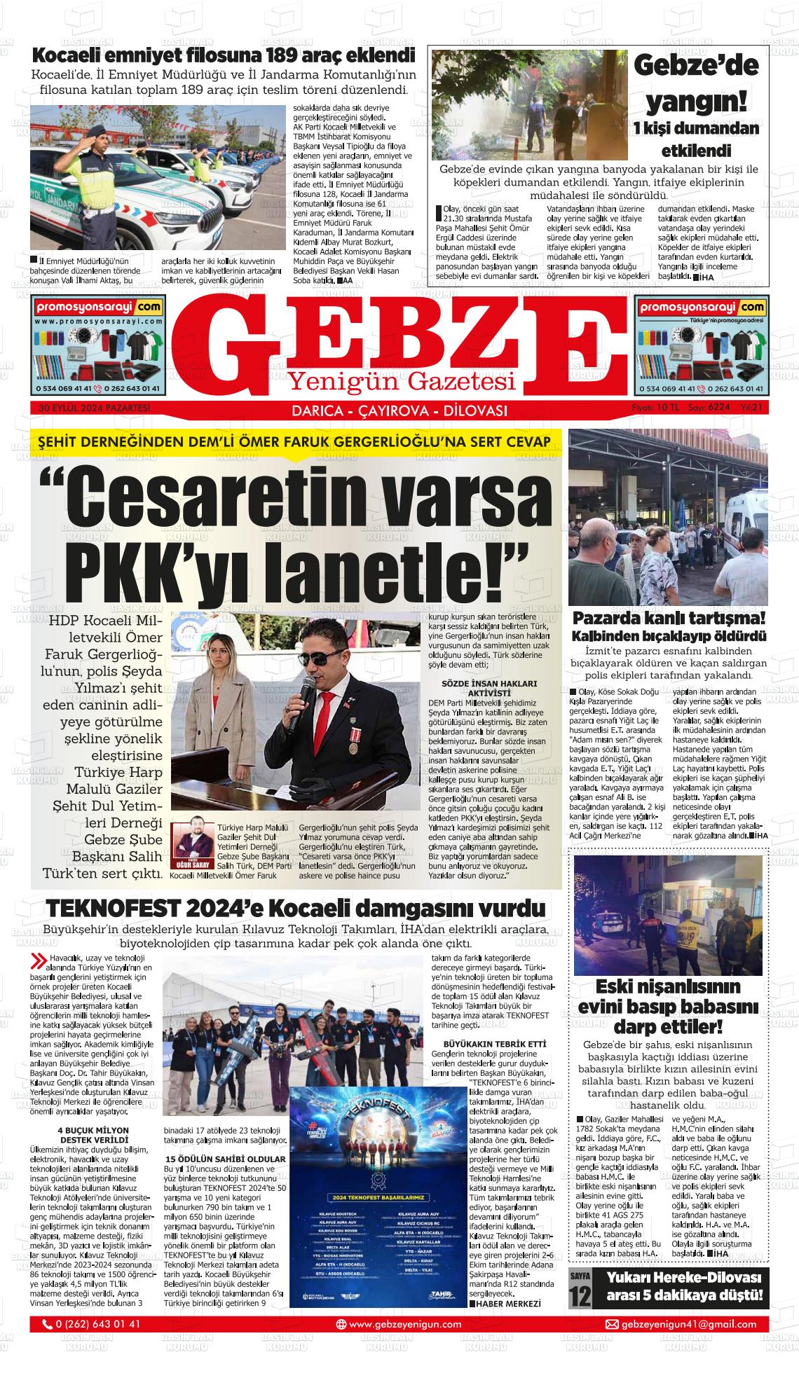 30 Eylül 2024 Gebze Yenigün Gazete Manşeti