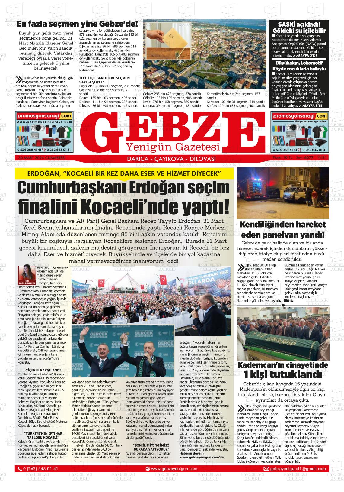 30 Mart 2024 Gebze Yenigün Gazete Manşeti