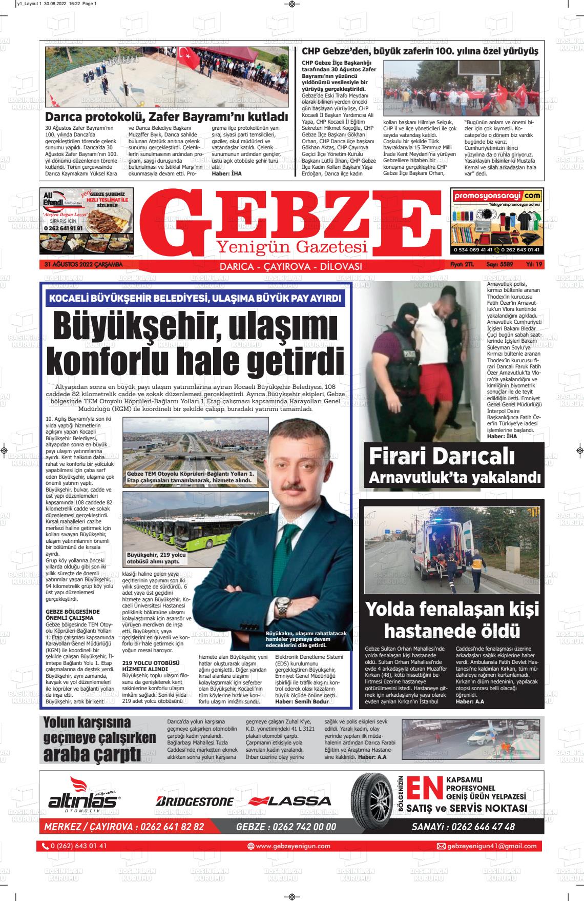 31 Ağustos 2022 Gebze Yenigün Gazete Manşeti