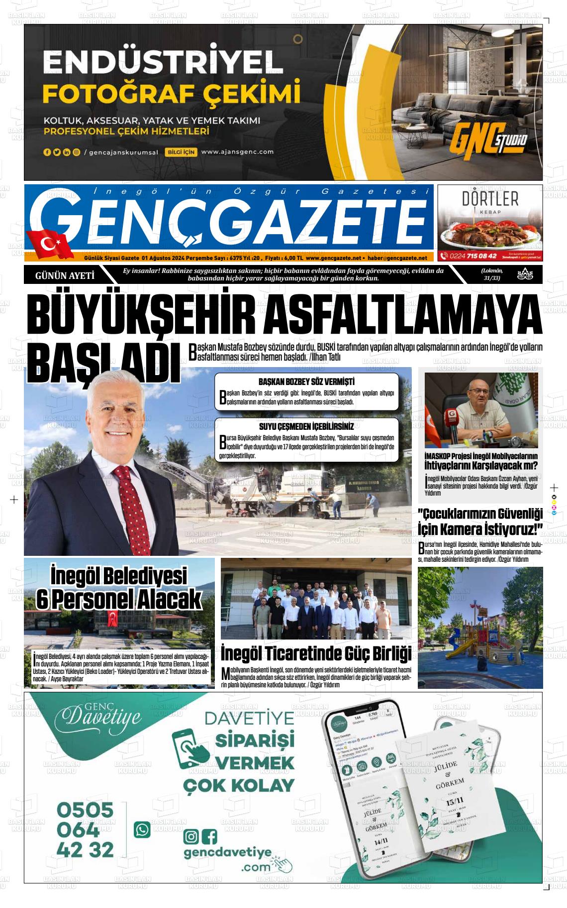 01 Ağustos 2024 Genç Gazete Gazete Manşeti