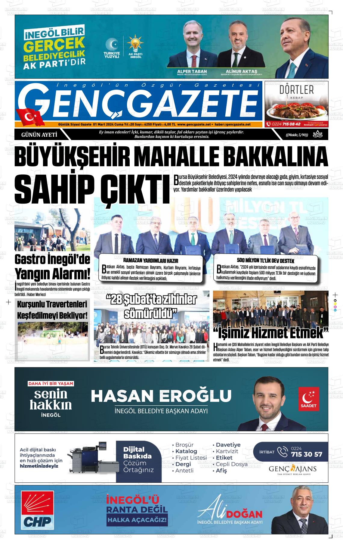 01 Mart 2024 Genç Gazete Gazete Manşeti