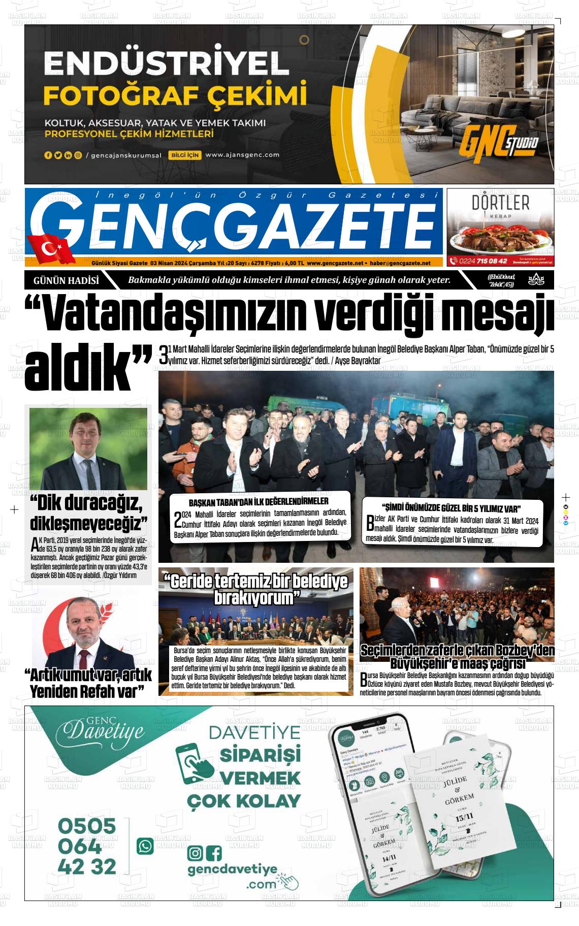 03 Nisan 2024 Genç Gazete Gazete Manşeti