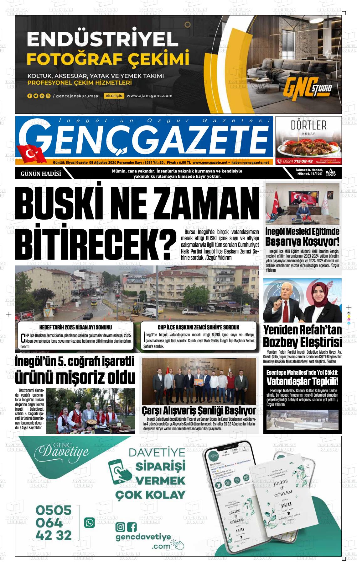 08 Ağustos 2024 Genç Gazete Gazete Manşeti