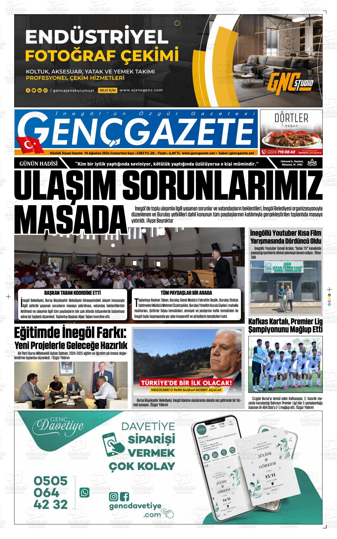 10 Ağustos 2024 Genç Gazete Gazete Manşeti