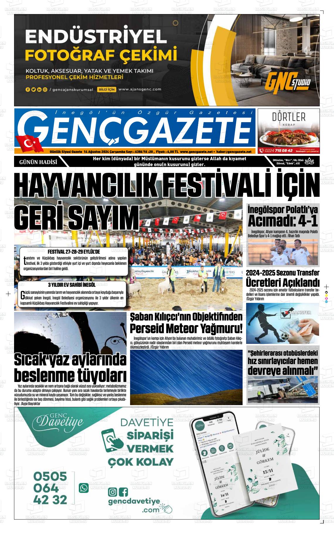 14 Ağustos 2024 Genç Gazete Gazete Manşeti