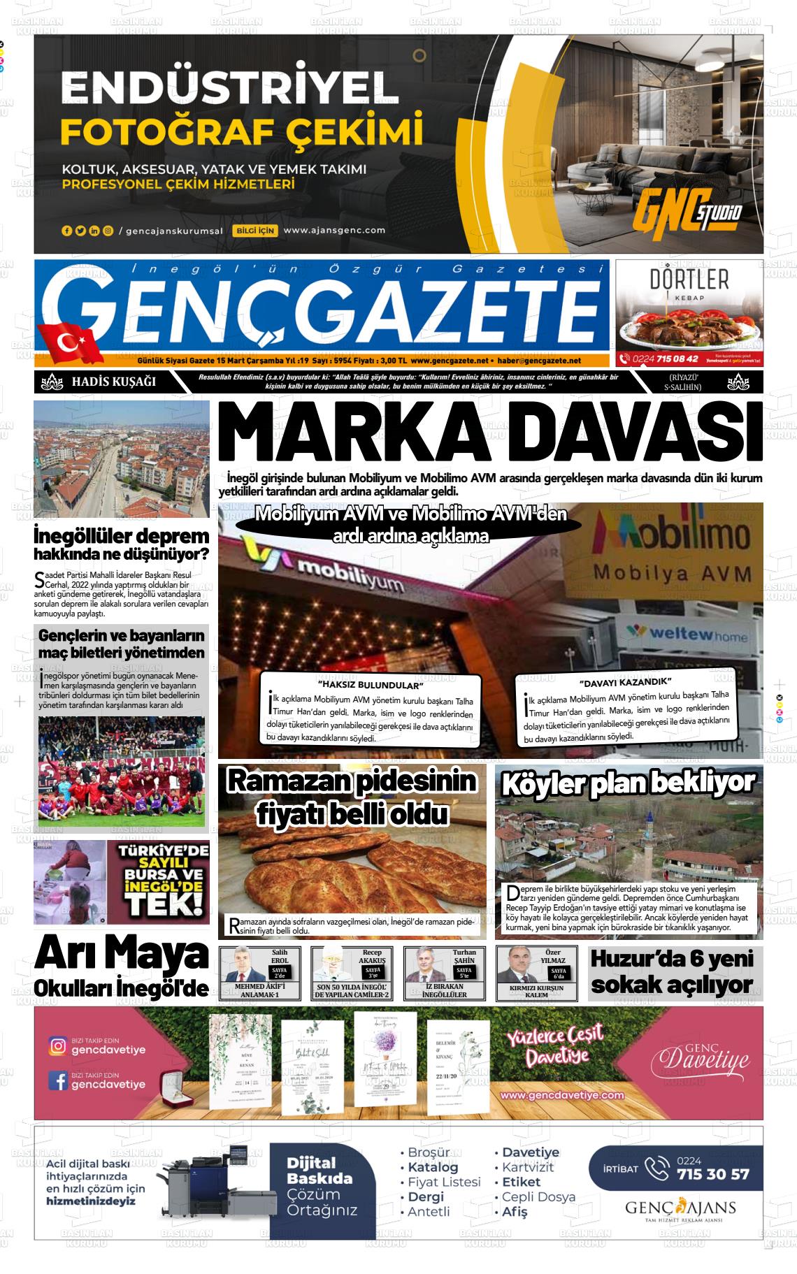 15 Mart 2023 Genç Gazete Gazete Manşeti