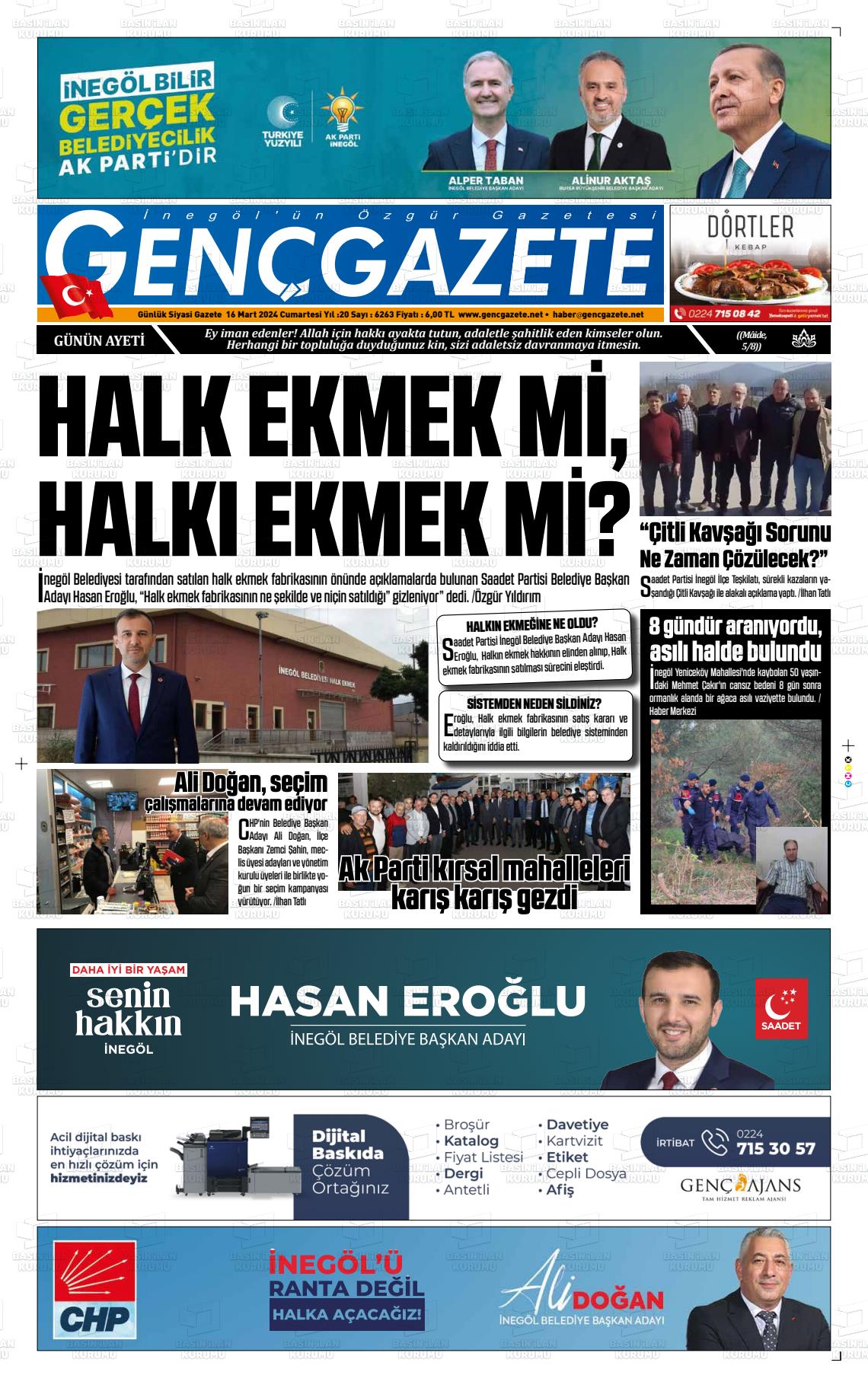 16 Mart 2024 Genç Gazete Gazete Manşeti