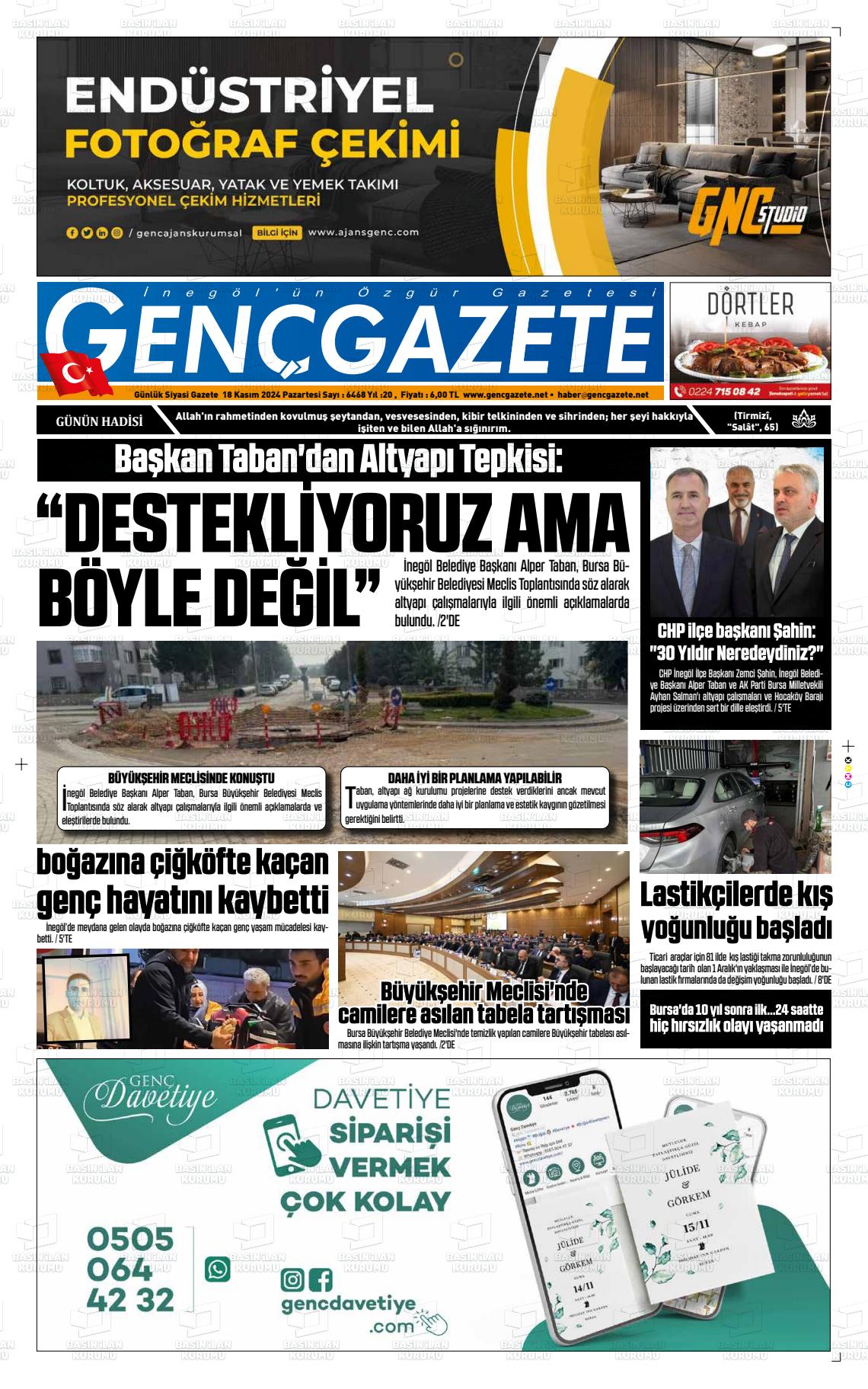 18 Kasım 2024 Genç Gazete Gazete Manşeti