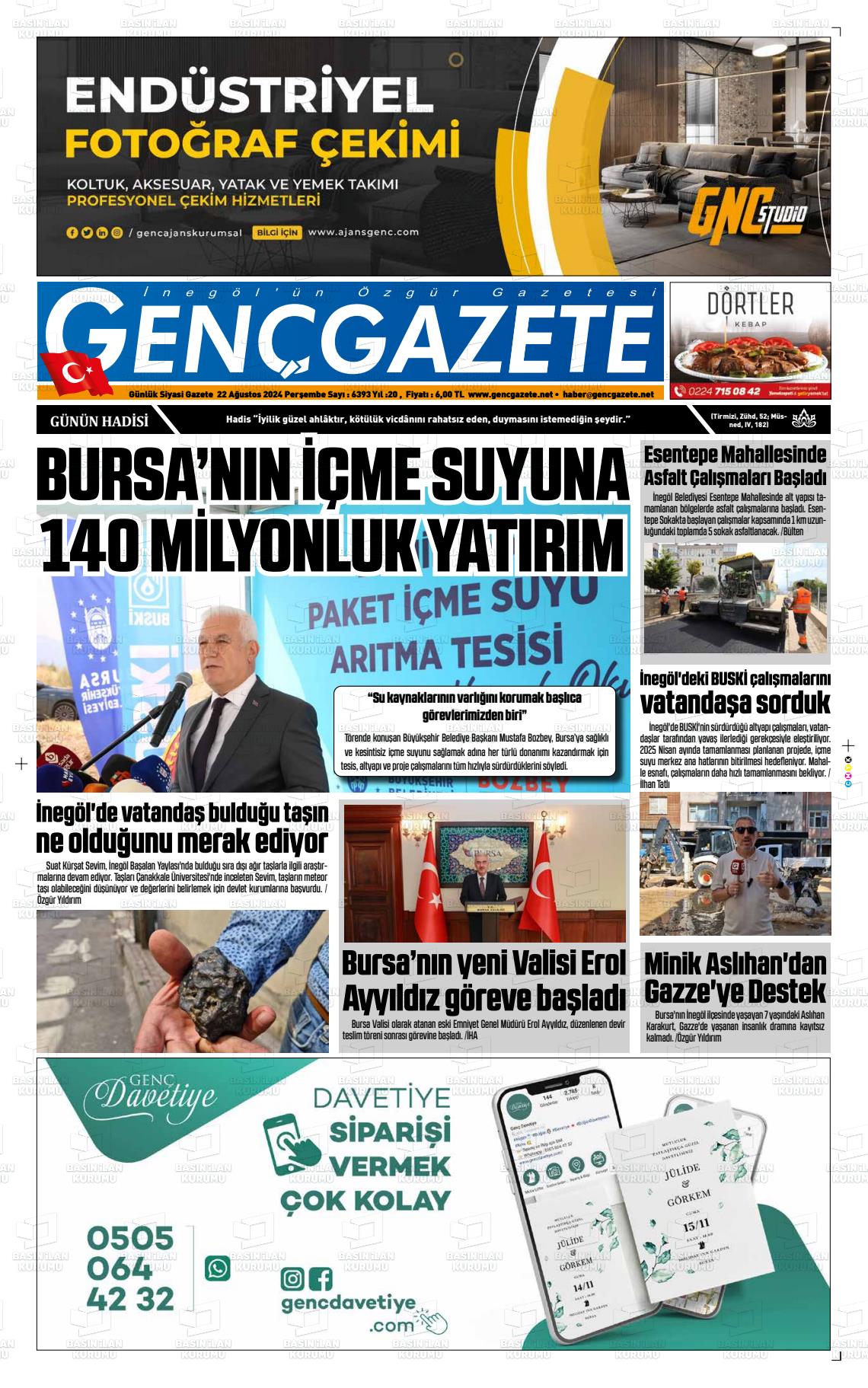 22 Ağustos 2024 Genç Gazete Gazete Manşeti