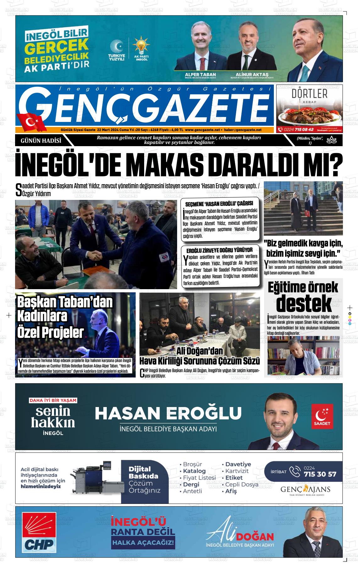 22 Mart 2024 Genç Gazete Gazete Manşeti