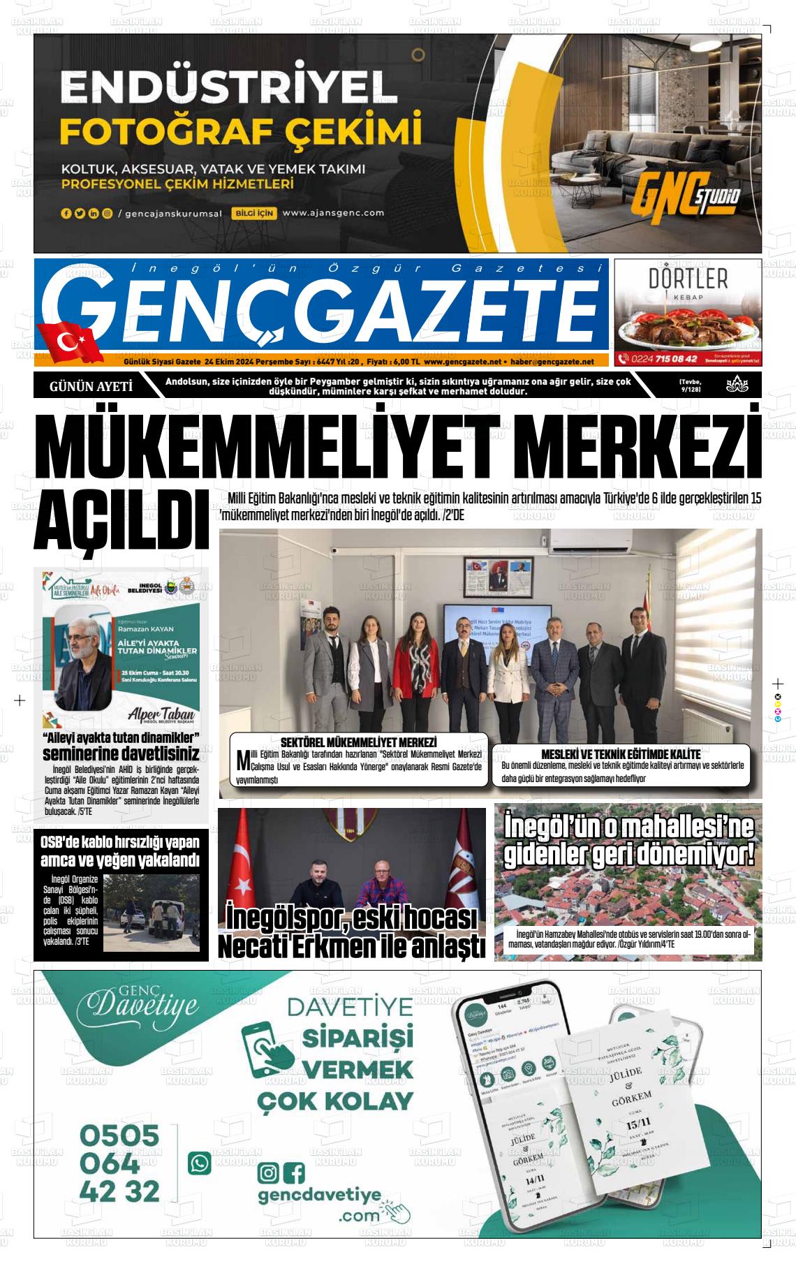 24 Ekim 2024 Genç Gazete Gazete Manşeti