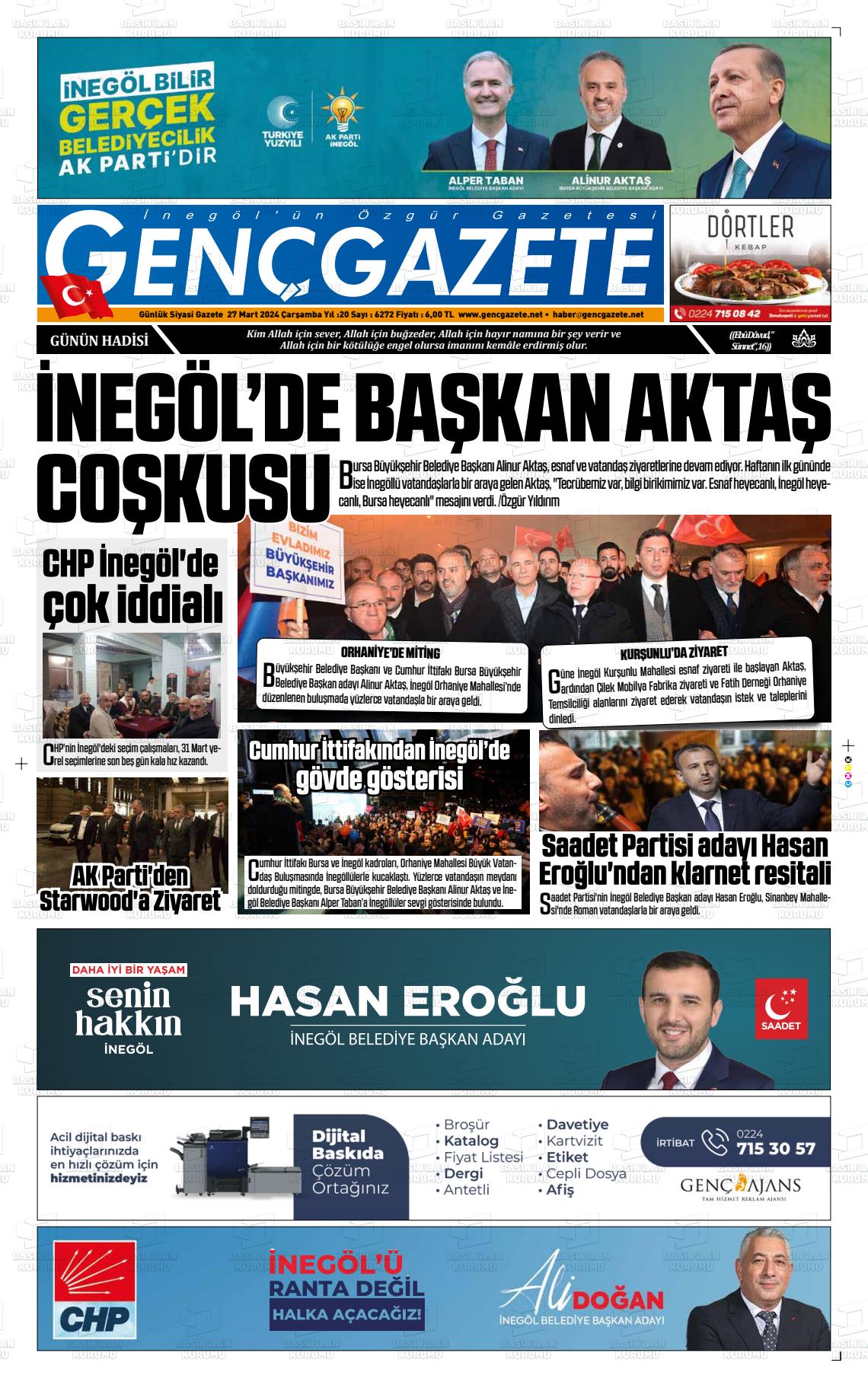 27 Mart 2024 Genç Gazete Gazete Manşeti