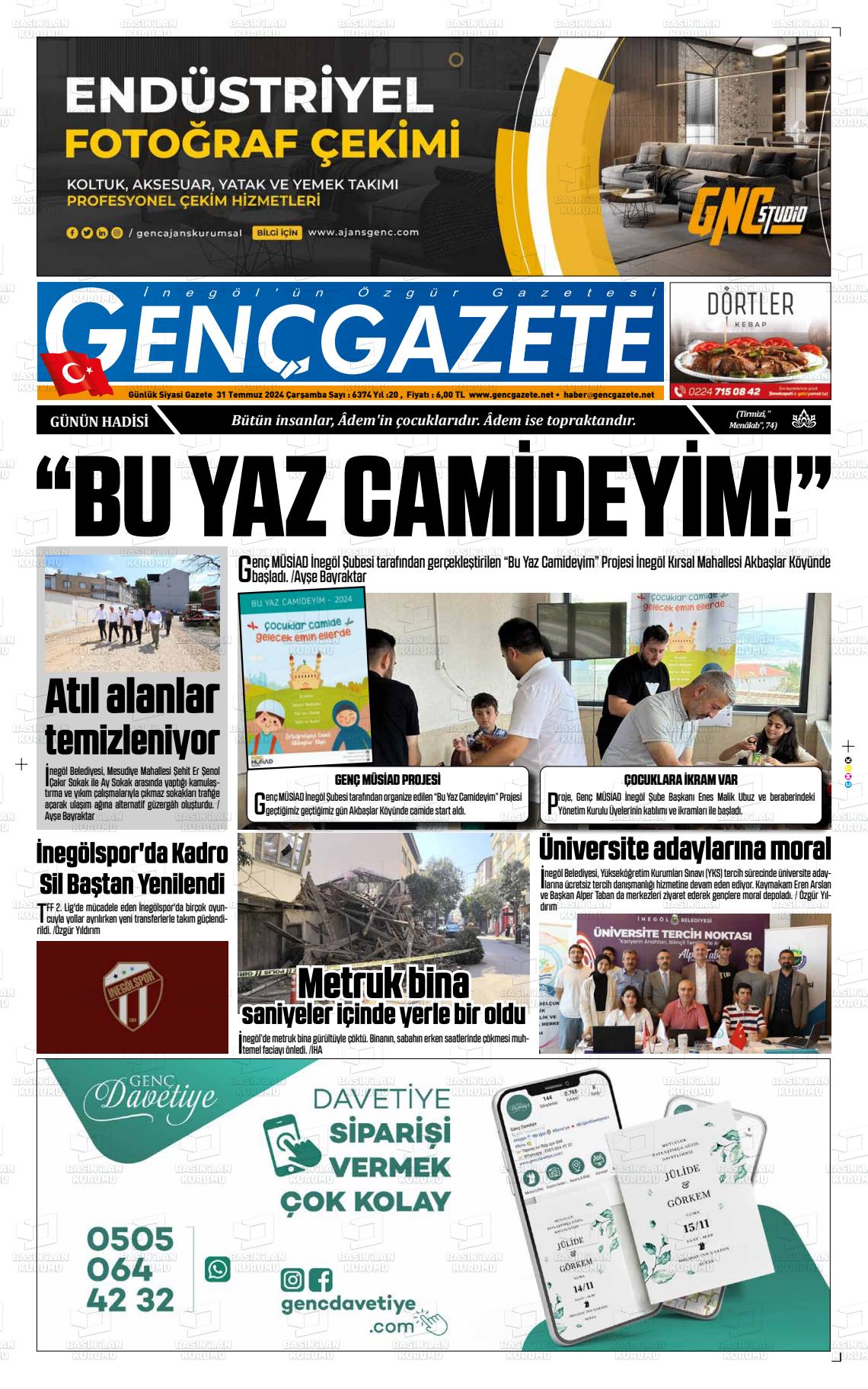 31 Temmuz 2024 Genç Gazete Gazete Manşeti