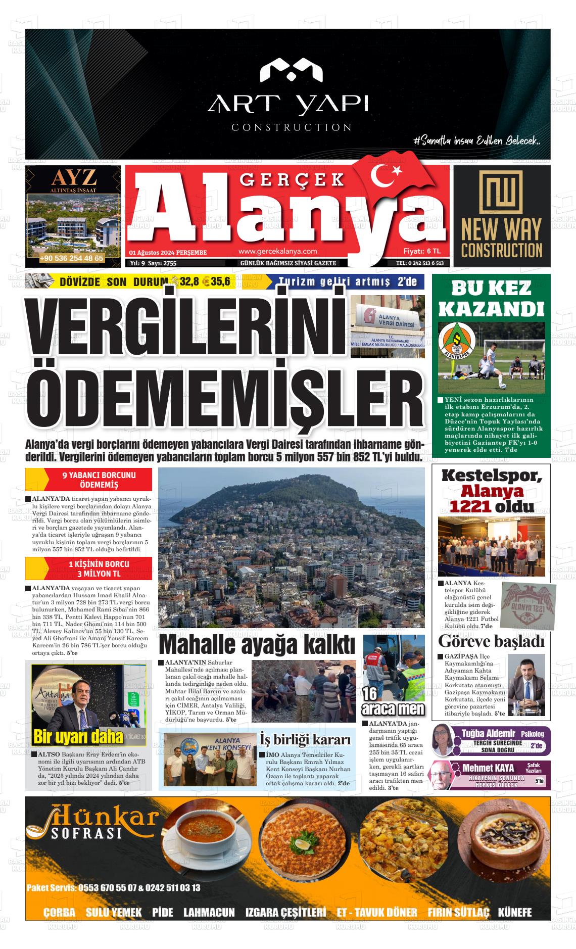 01 Ağustos 2024 Gerçek Alanya Gazete Manşeti