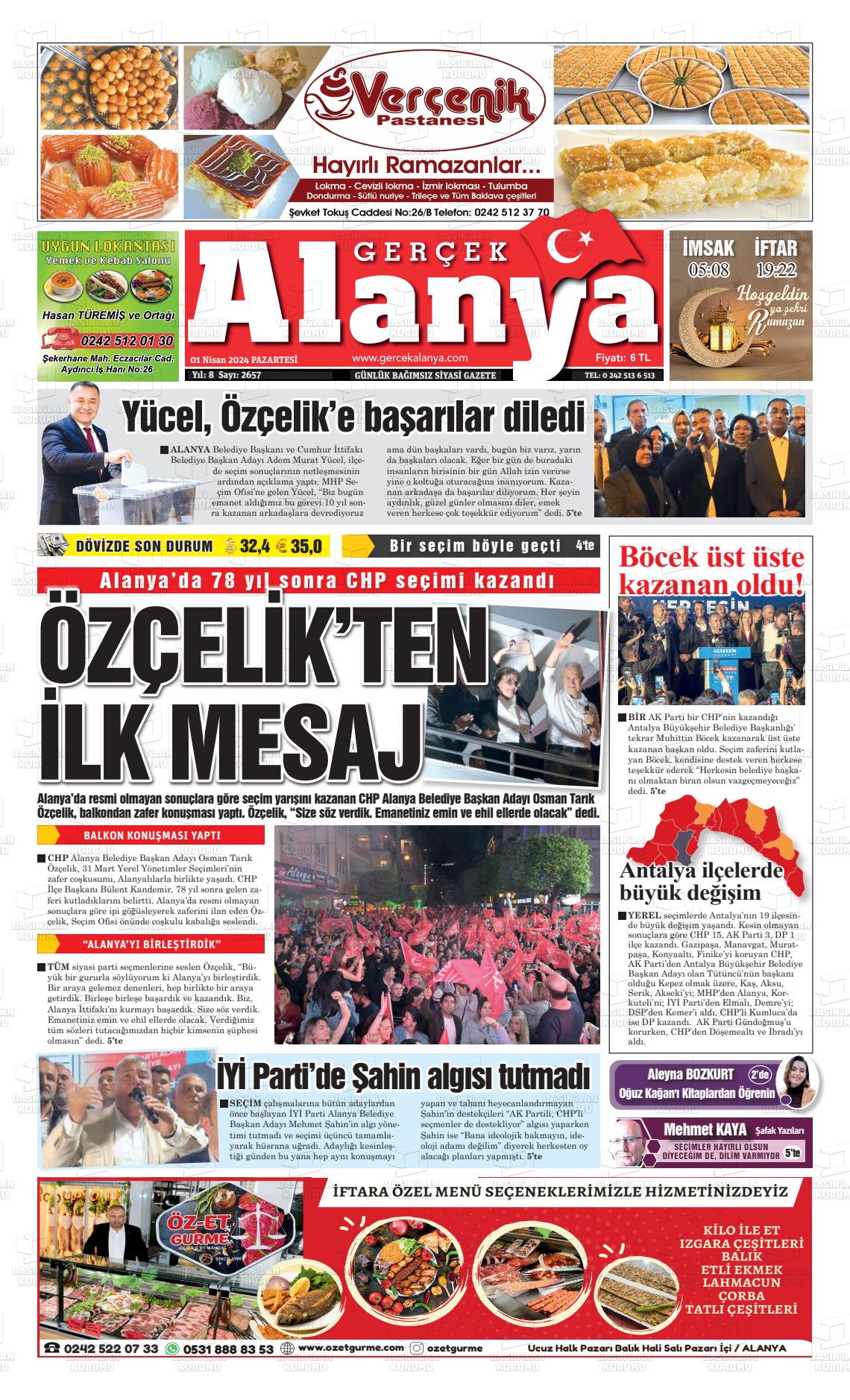 01 Nisan 2024 Gerçek Alanya Gazete Manşeti