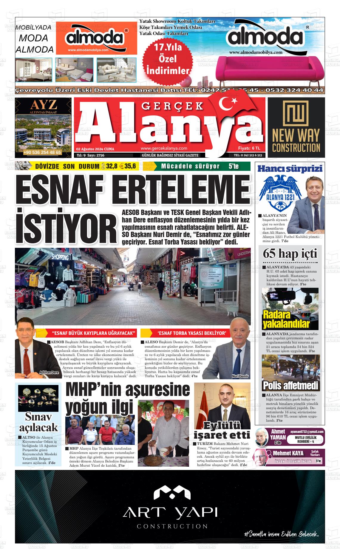 02 Ağustos 2024 Gerçek Alanya Gazete Manşeti