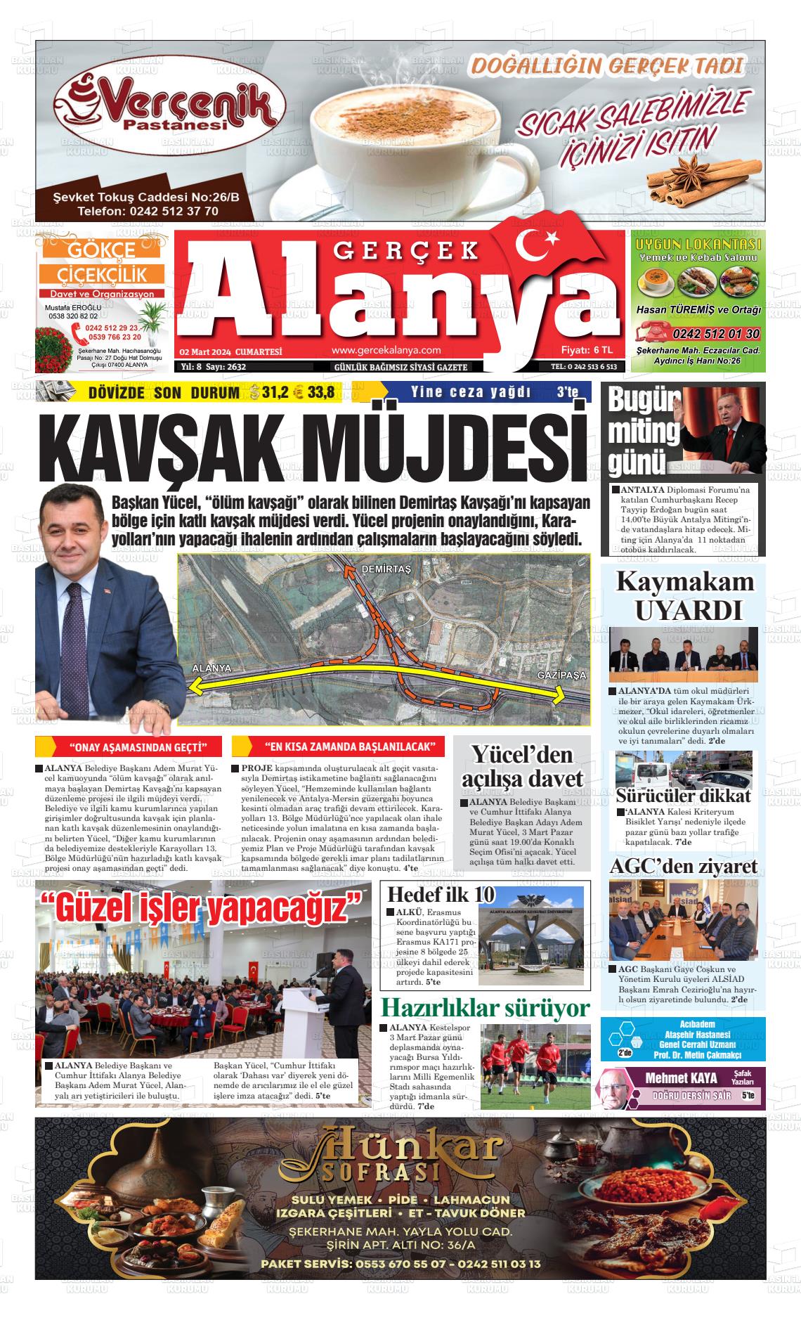 02 Mart 2024 Gerçek Alanya Gazete Manşeti