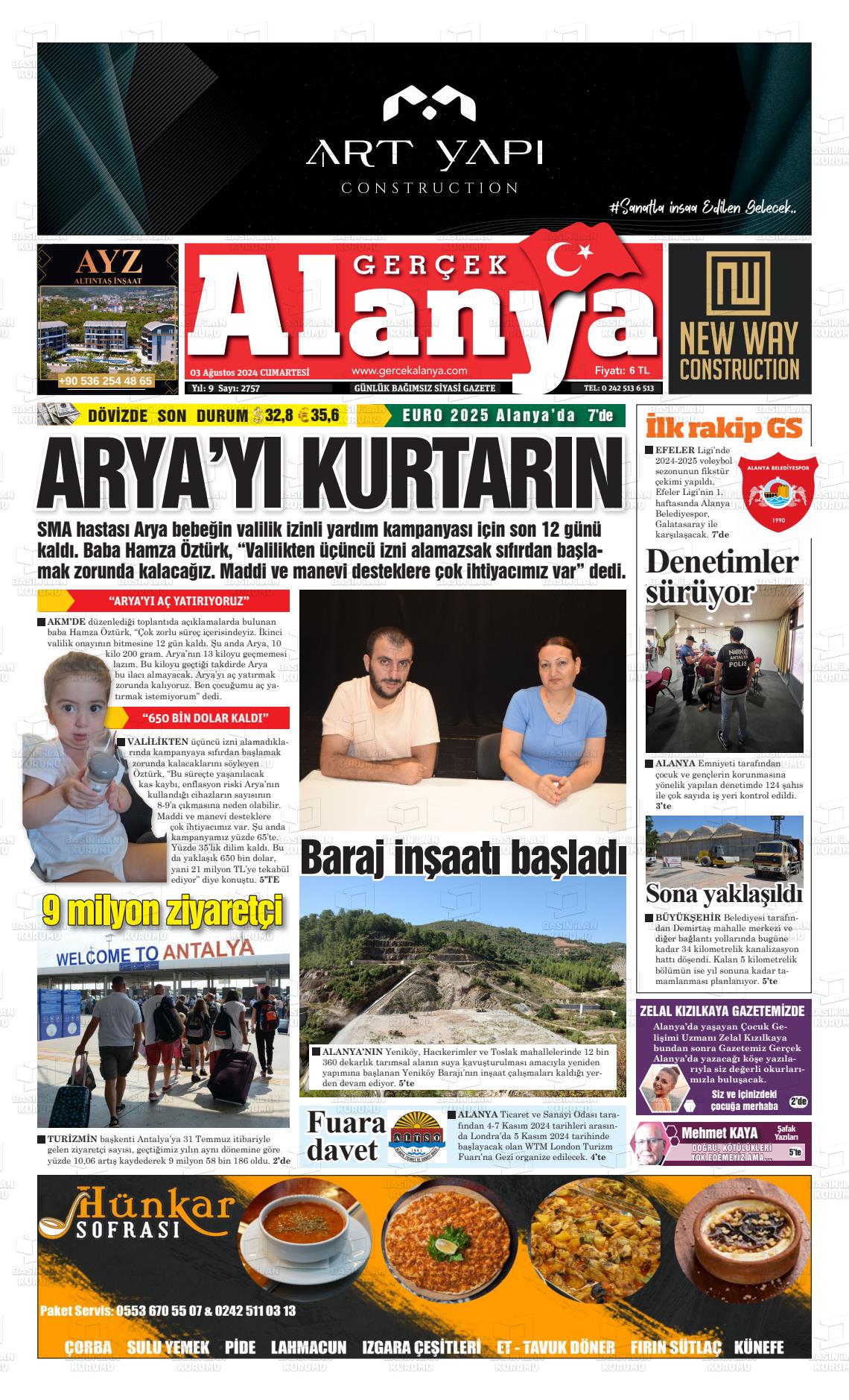 03 Ağustos 2024 Gerçek Alanya Gazete Manşeti