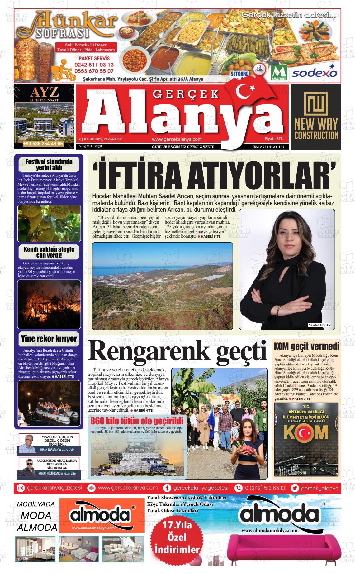 04 Kasım 2024 Gerçek Alanya Gazete Manşeti