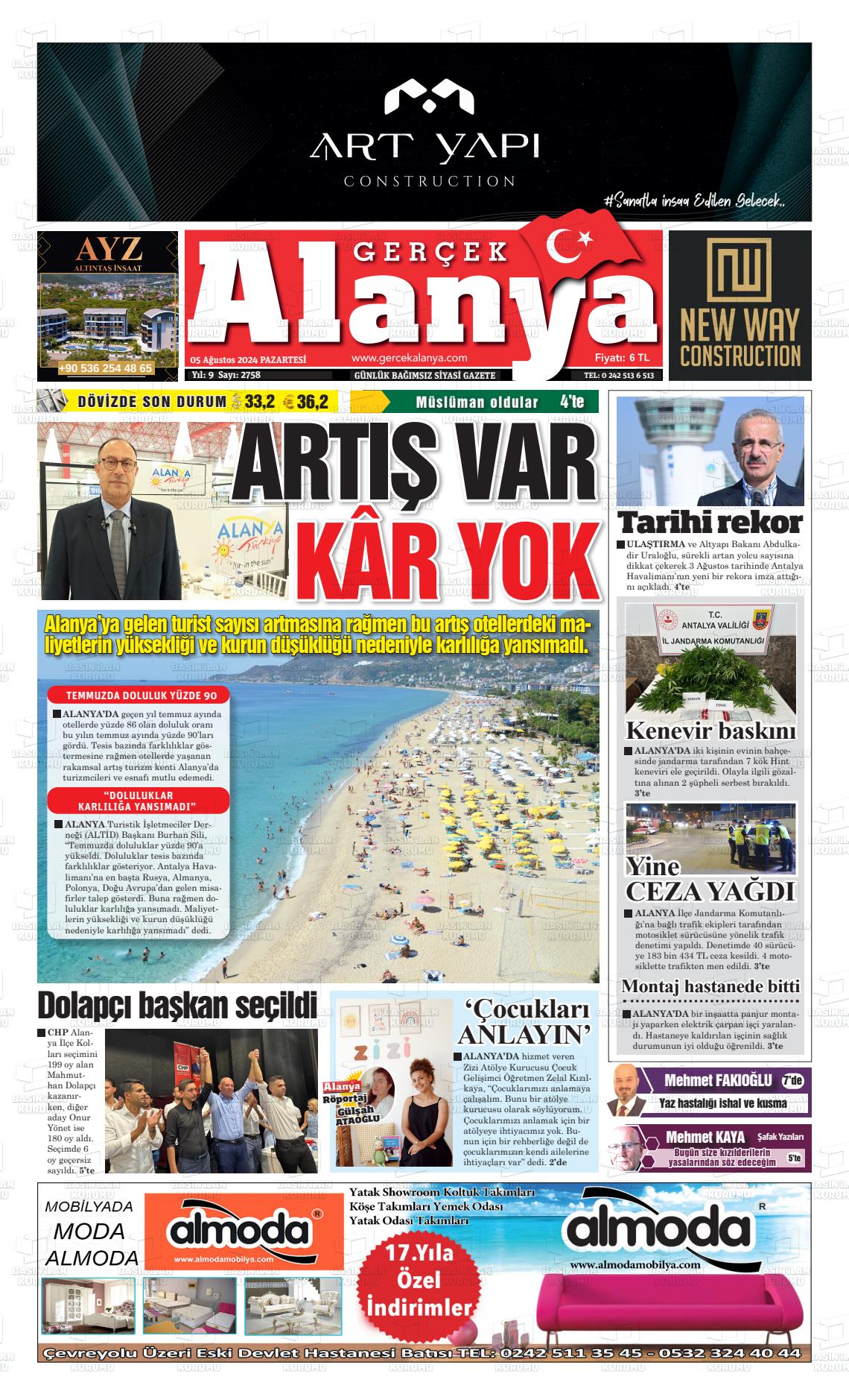 05 Ağustos 2024 Gerçek Alanya Gazete Manşeti