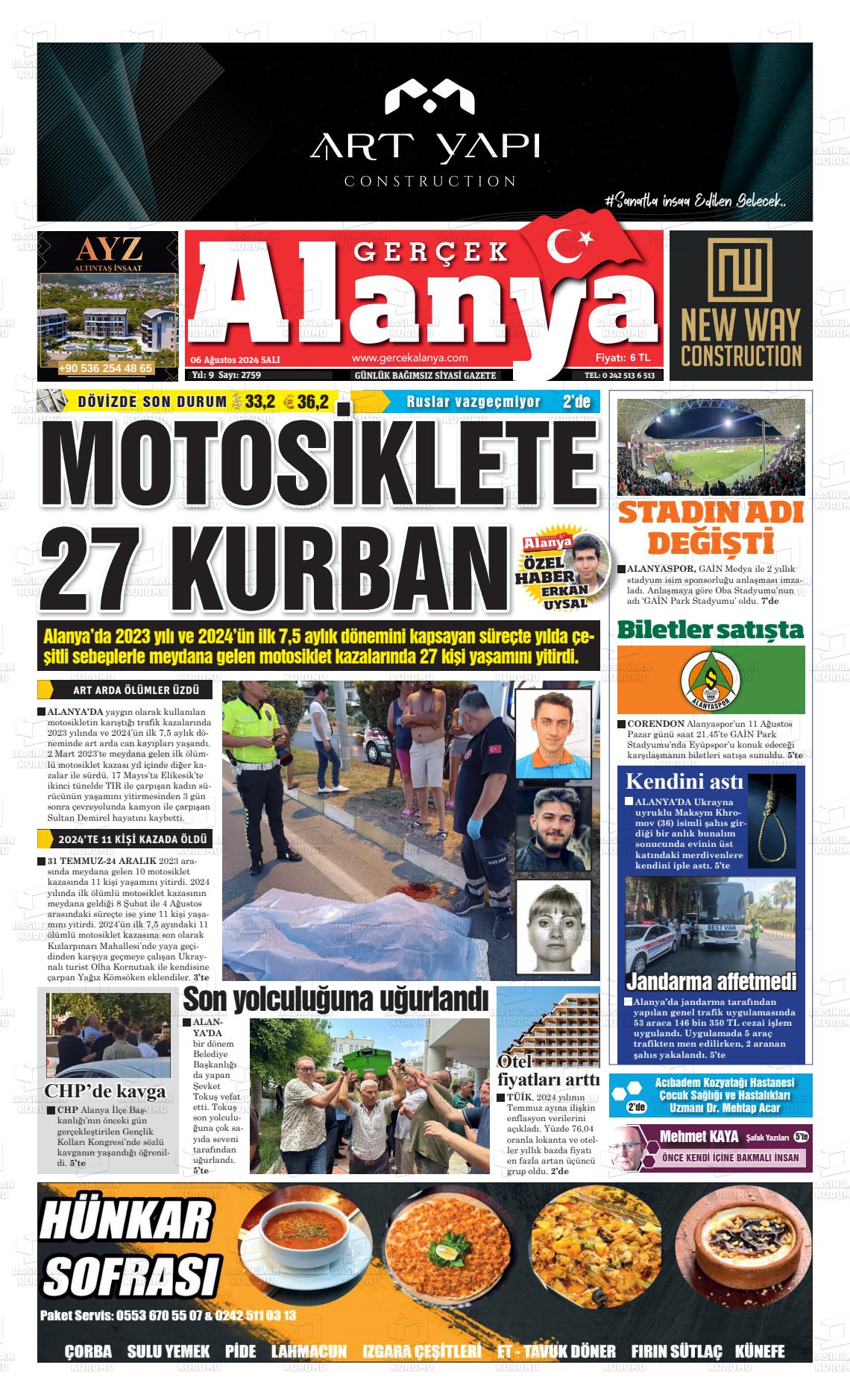 06 Ağustos 2024 Gerçek Alanya Gazete Manşeti