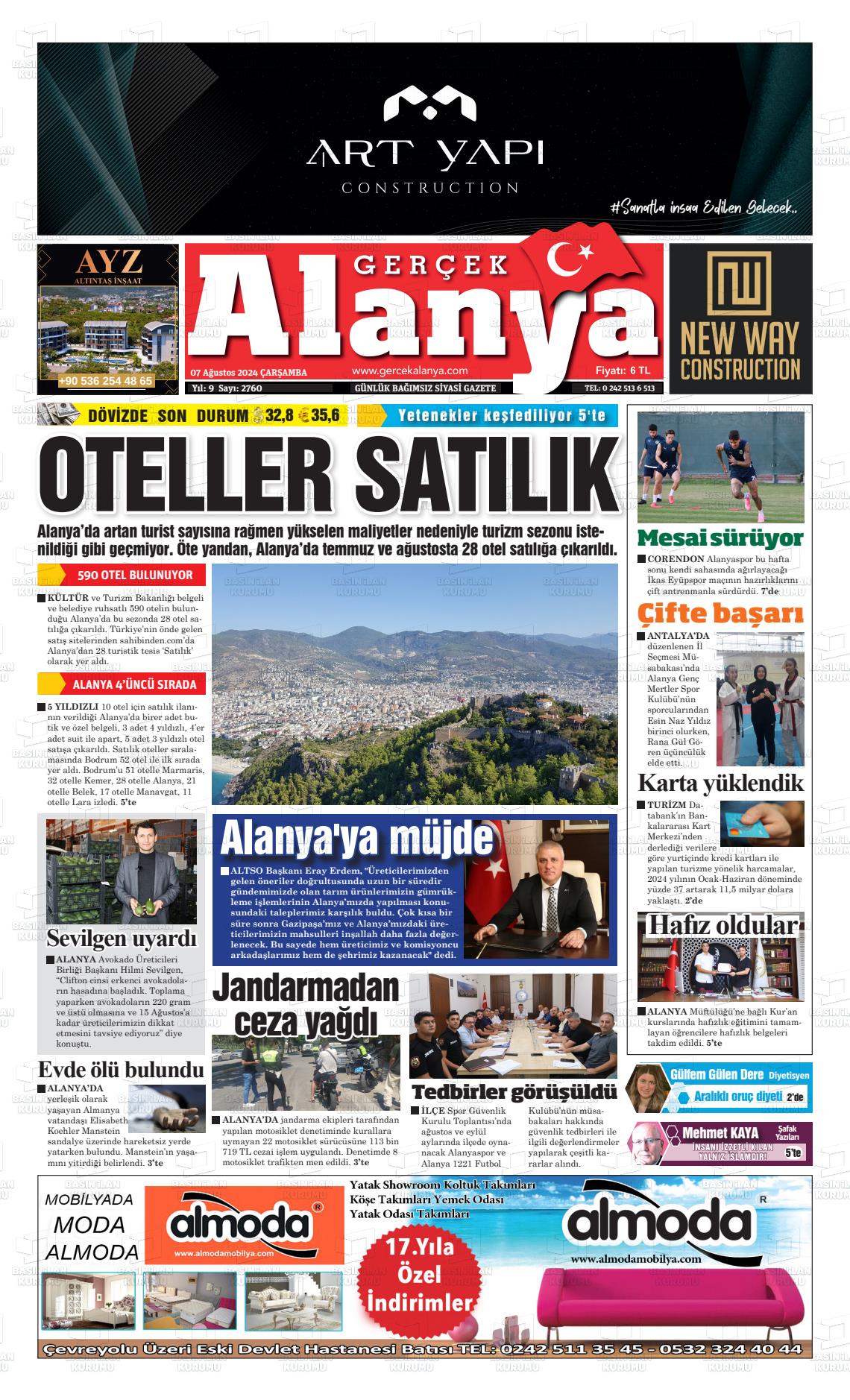 07 Ağustos 2024 Gerçek Alanya Gazete Manşeti