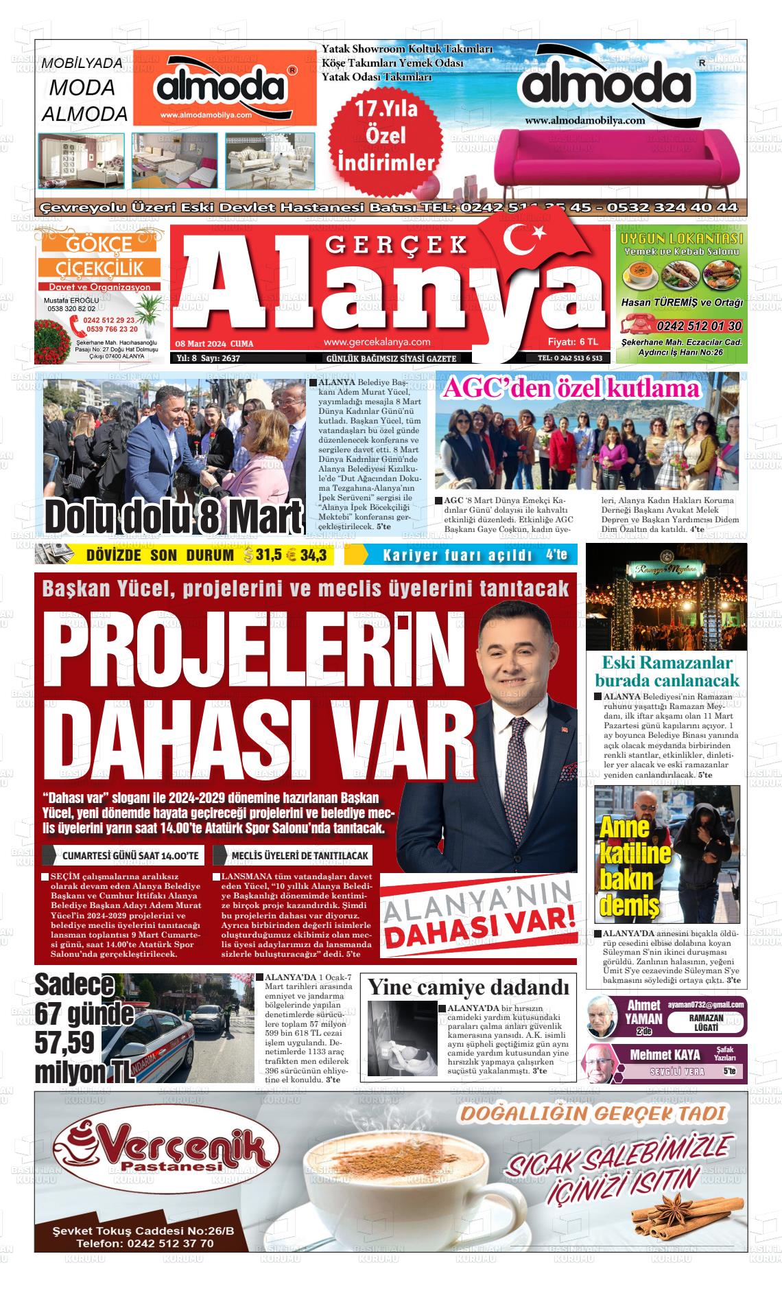 08 Mart 2024 Gerçek Alanya Gazete Manşeti