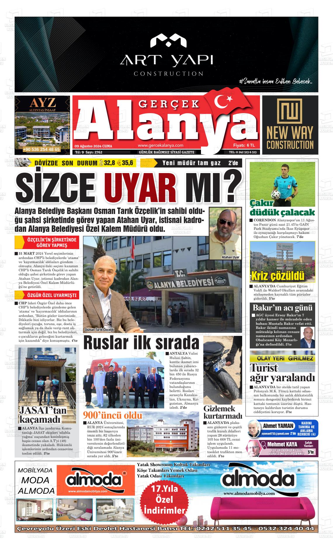 09 Ağustos 2024 Gerçek Alanya Gazete Manşeti