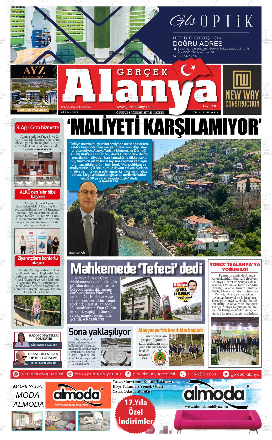 10 Ekim 2024 Gerçek Alanya Gazete Manşeti