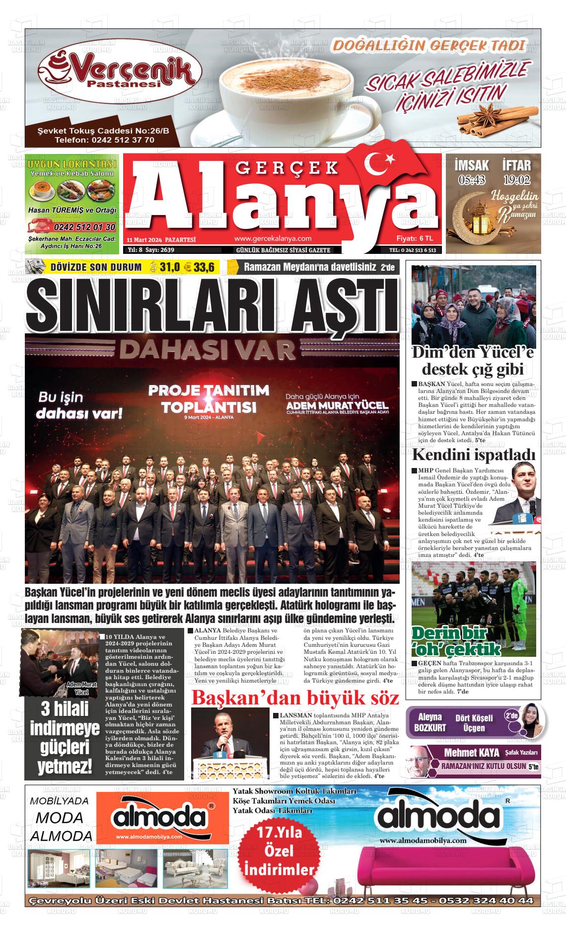 11 Mart 2024 Gerçek Alanya Gazete Manşeti