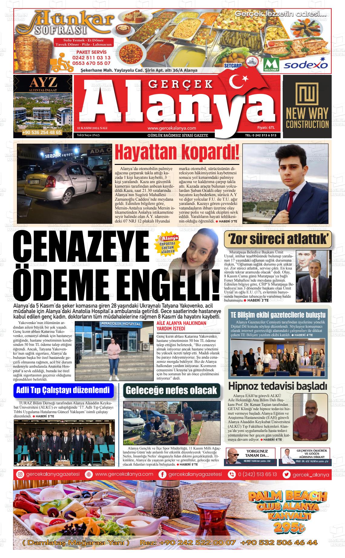 12 Kasım 2024 Gerçek Alanya Gazete Manşeti